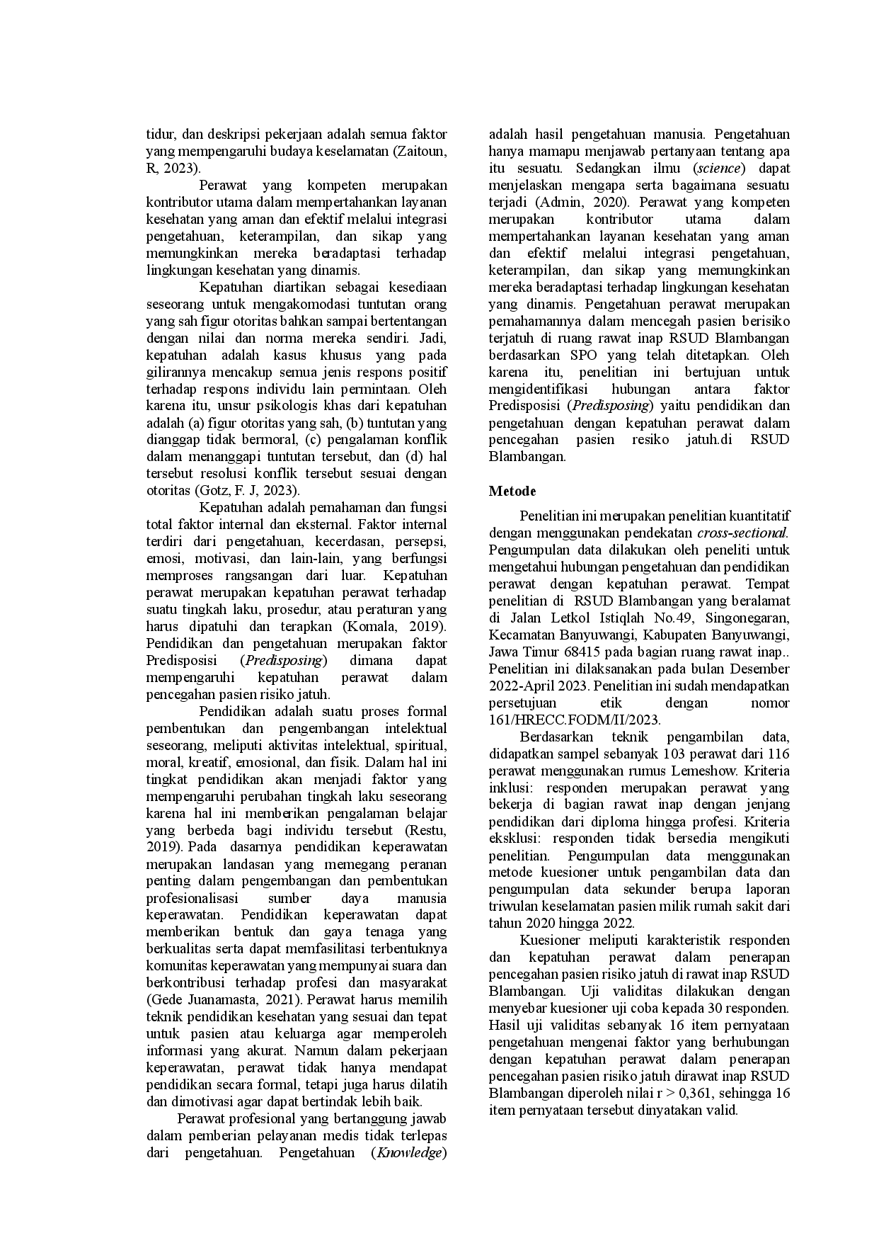 juris Hubungan Pengetahuan dan Pendidikan Perawat Dengan Kepatuhan Perawat Di Unit Rawat Inap Rsud Blambangan