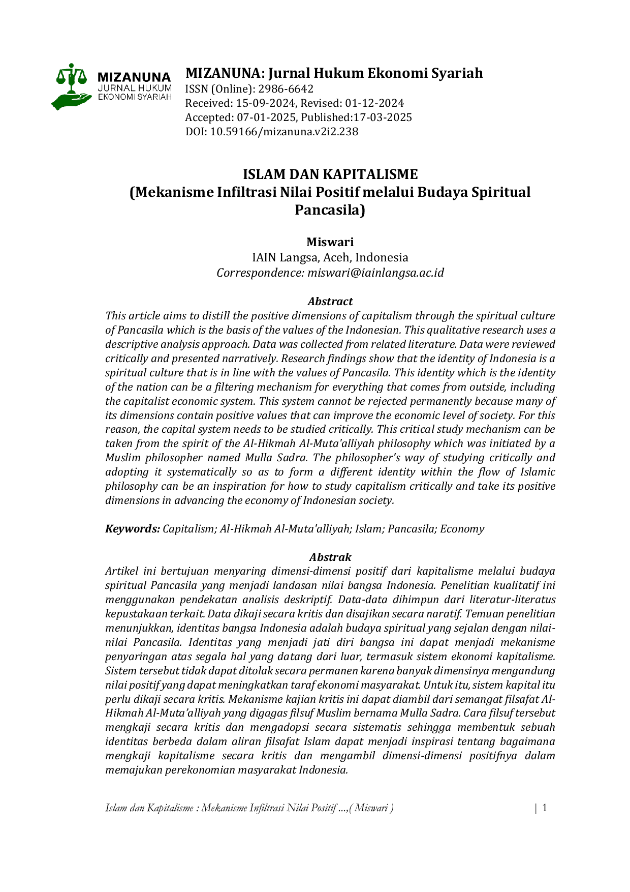 JURIS ISLAM DAN KAPITALISME Mekanisme Infiltrasi Nilai Positif melalui Budaya Spiritual Pancasila
