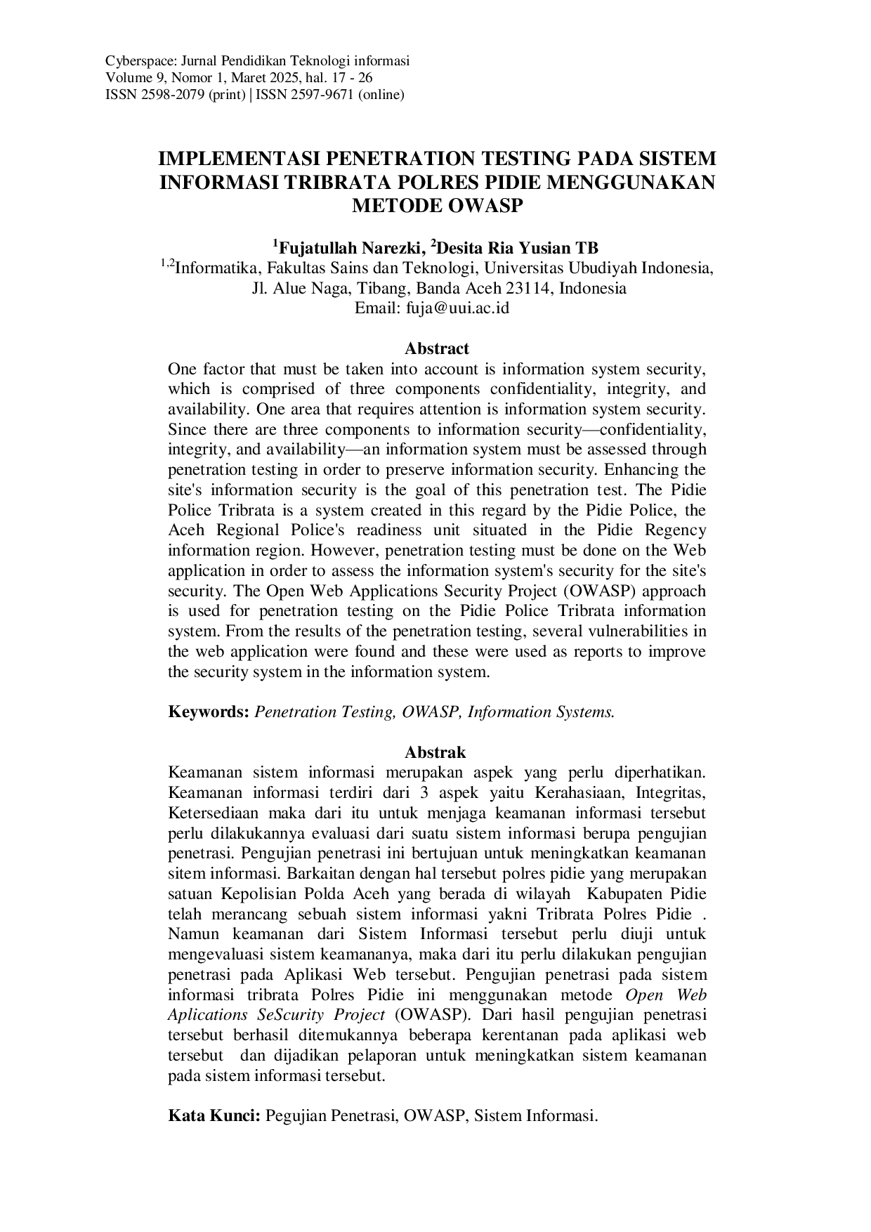 JURIS IMPLEMENTASI PENETRATION TESTING PADA SISTEM INFORMASI TRIBRATA POLRES PIDIE MENGGUNAKAN METODE OWASP