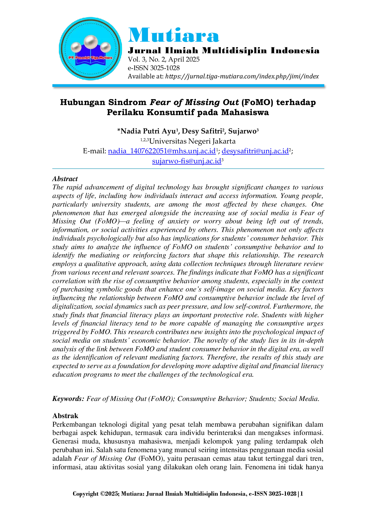 JURIS Hubungan Sindrom Fear of Missing Out FoMO terhadap Perilaku Konsumtif pada Mahasiswa
