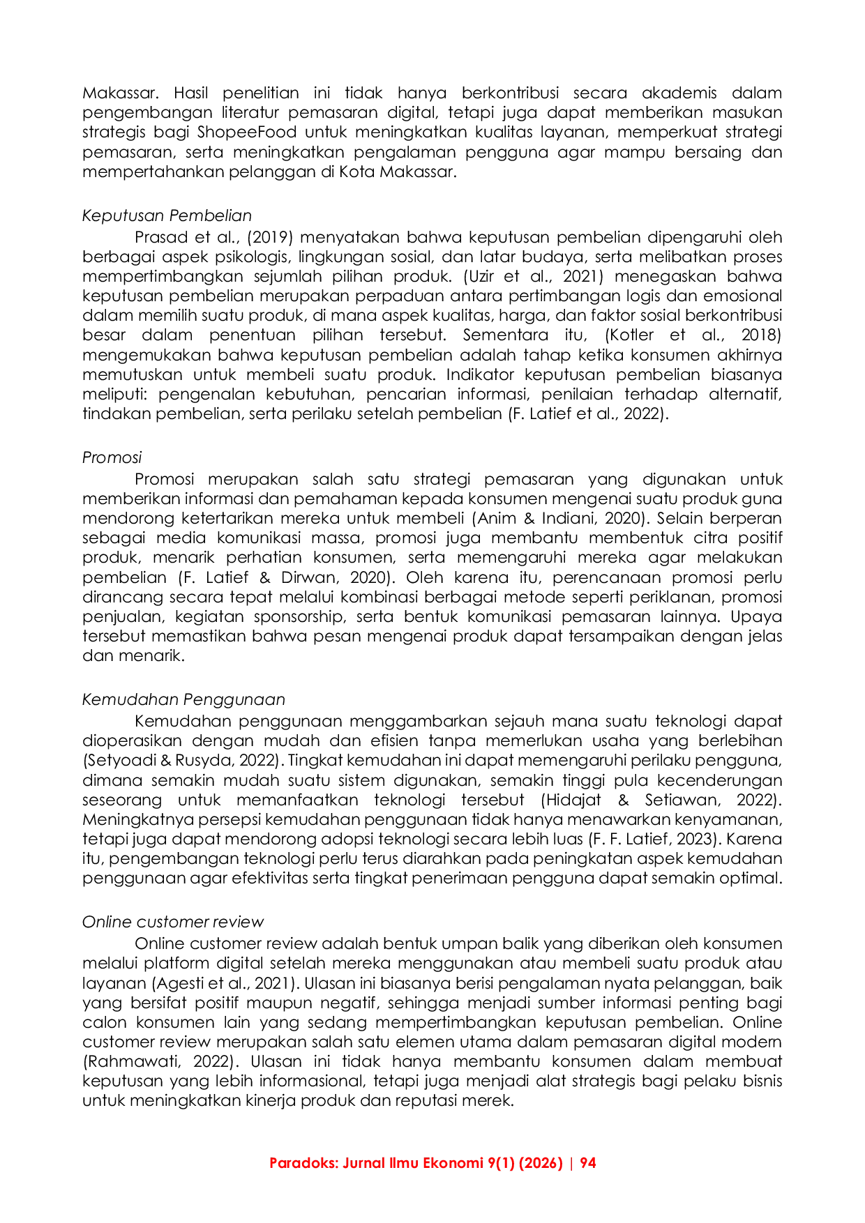 JURIS Meningkatkan Keputusan Pembelian Pada ShopeeFood melalui Kualitas Pelayanan Promosi Kemudahan penggunaan dan Online Customer Review