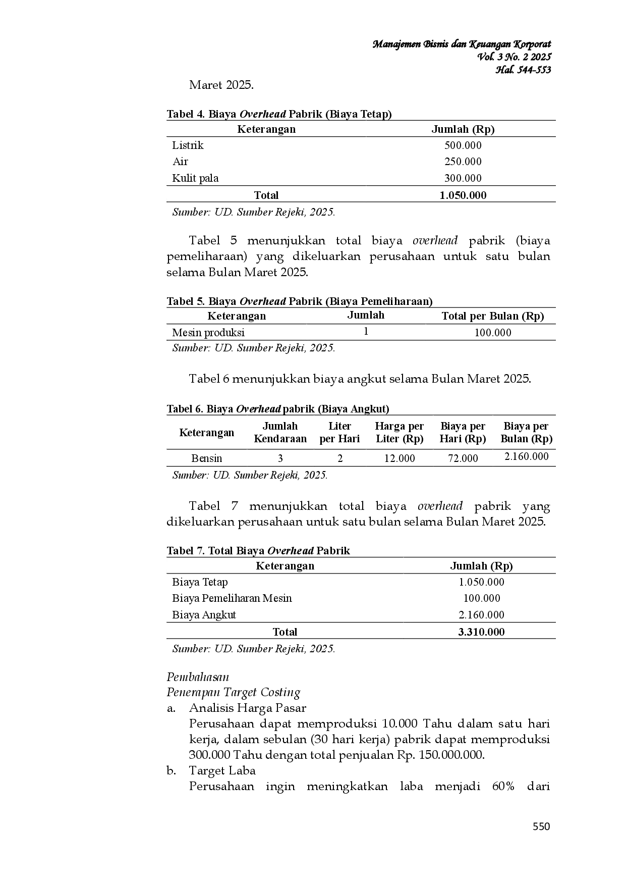 JURIS Analisis Penerapan Target Costing Dalam Pengendalian Biaya Produksi Untuk Efisiensi Proses Produksi Pada UD Sumber Rejeki