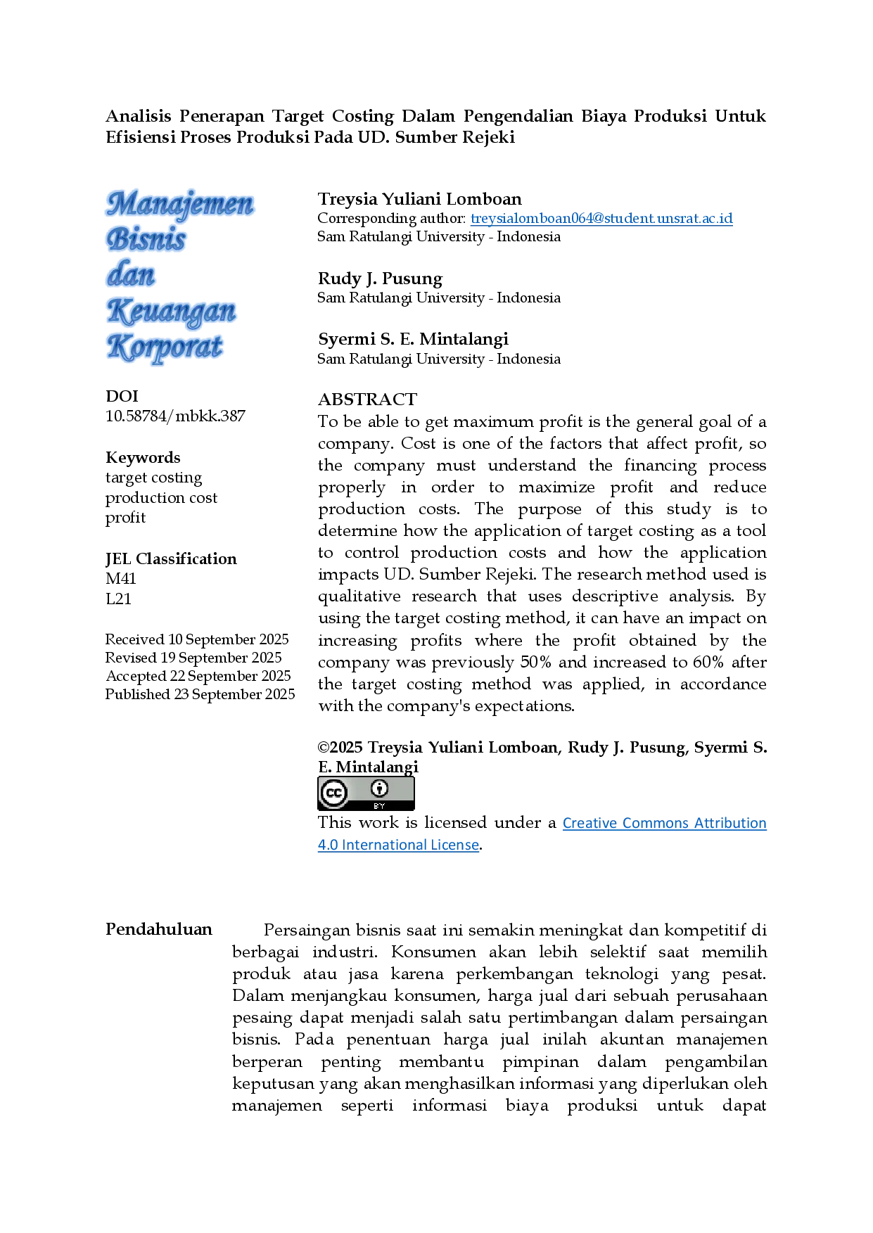 JURIS Analisis Penerapan Target Costing Dalam Pengendalian Biaya Produksi Untuk Efisiensi Proses Produksi Pada UD Sumber Rejeki