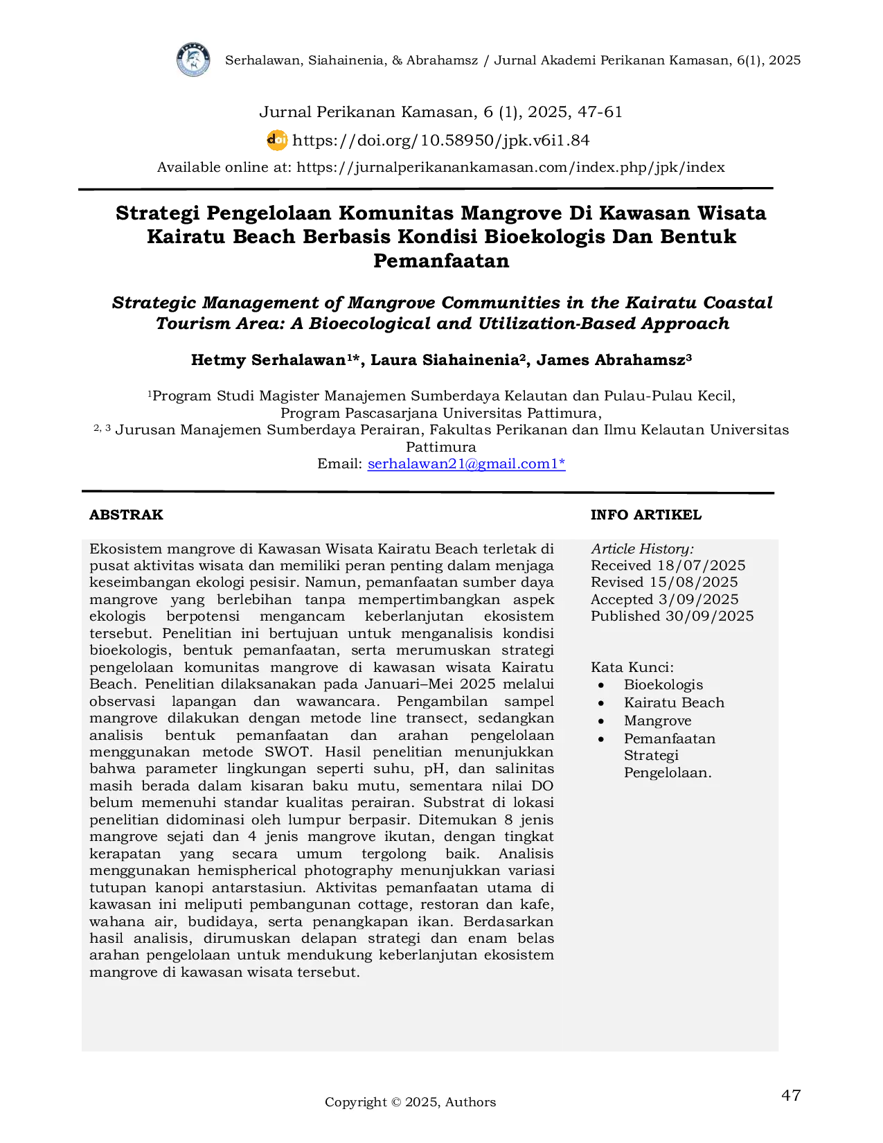 JURIS Strategi Pengelolaan Komunitas Mangrove Di Kawasan Wisata Kairatu Beach Berbasis Kondisi Bioekologis Dan Bentuk Pemanfaatan