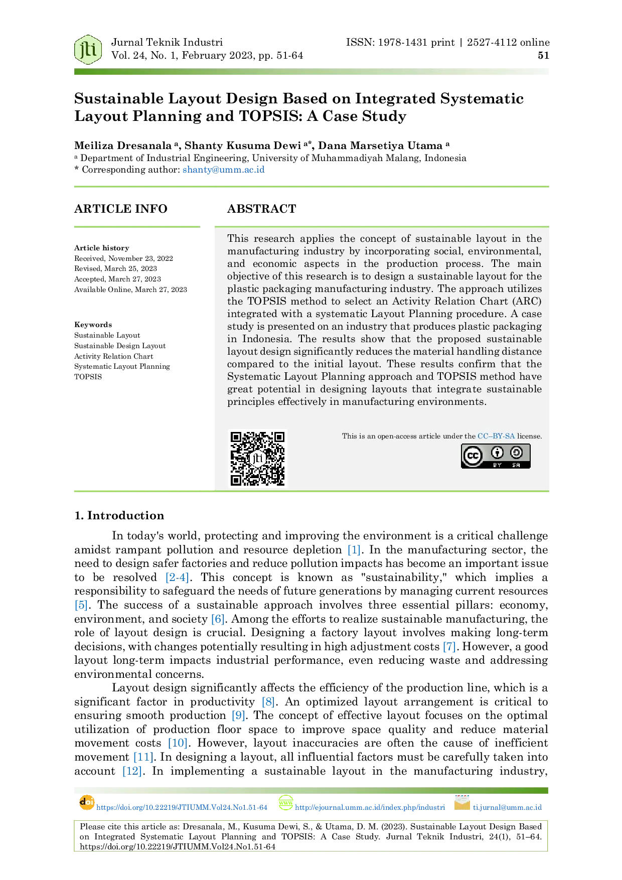 JURIS Sustainable Layout Design Based on Integrated Systematic Layout Planning and TOPSIS A Case Study