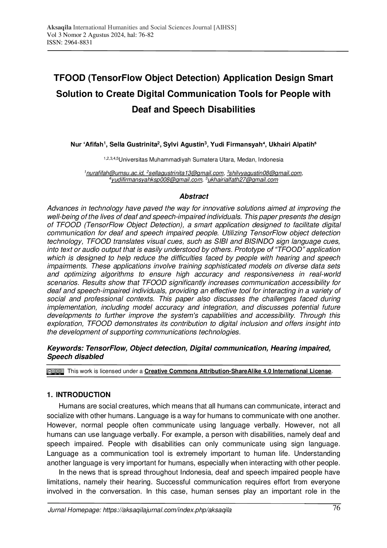 JURIS TFOOD TensorFlow Object Detection Application Design Smart Solution to Create Digital Communication Tools for People with Deaf and Speech Disabilities