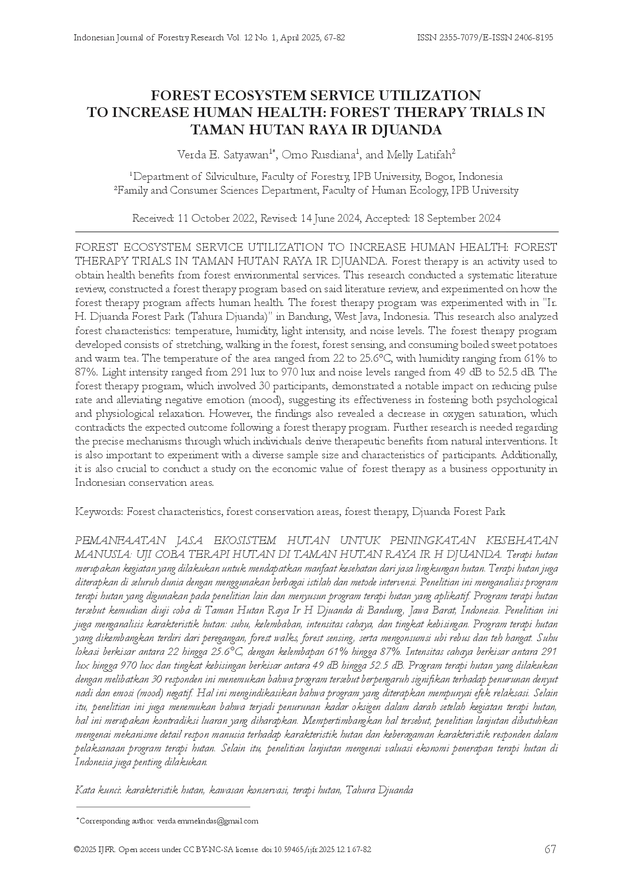 juris Forest Ecosystem Service Utilization to Increase Human Health Forest Therapy Trials in Taman Hutan Raya Ir Djuanda