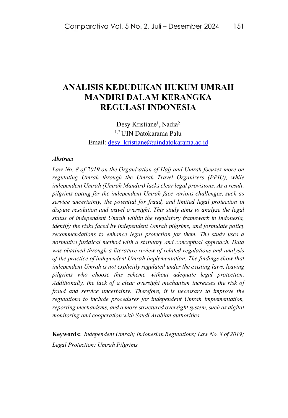 JURIS ANALISIS KEDUDUKAN HUKUM UMRAH MANDIRI DALAM KERANGKA REGULASI INDONESIA