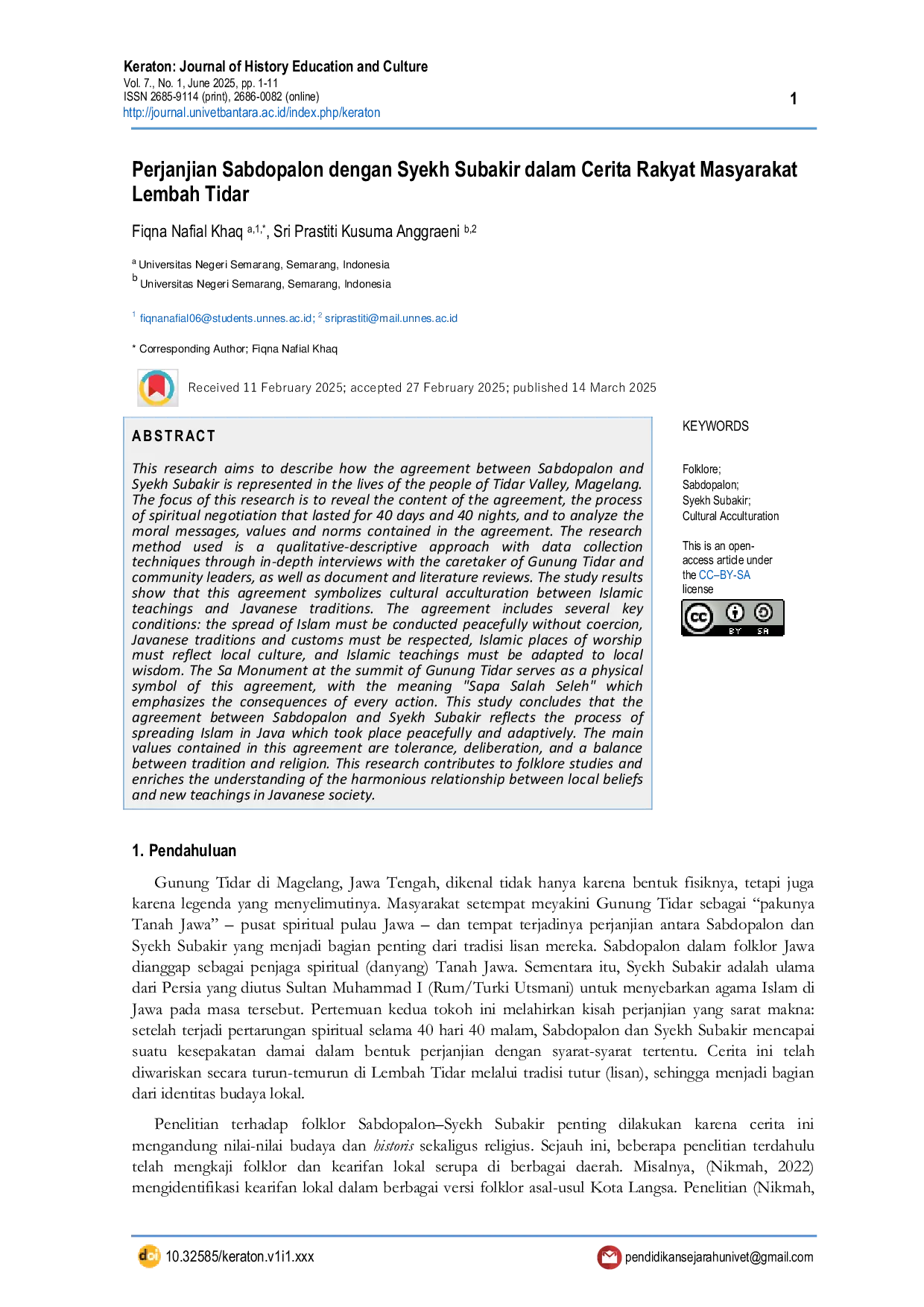 JURIS Perjanjian Sabdopalon dengan Syekh Subakir dalam Cerita Rakyat Masyarakat Lembah Tidar