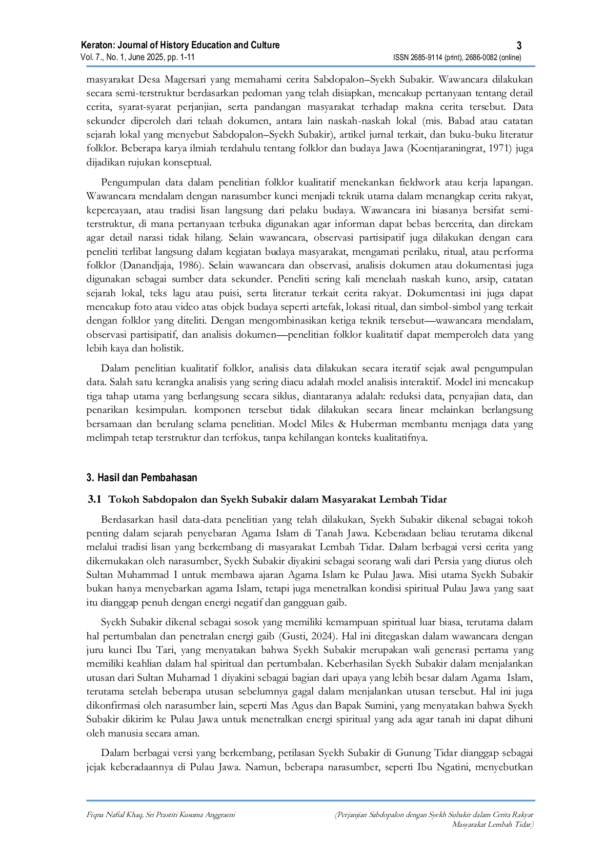 JURIS Perjanjian Sabdopalon dengan Syekh Subakir dalam Cerita Rakyat Masyarakat Lembah Tidar