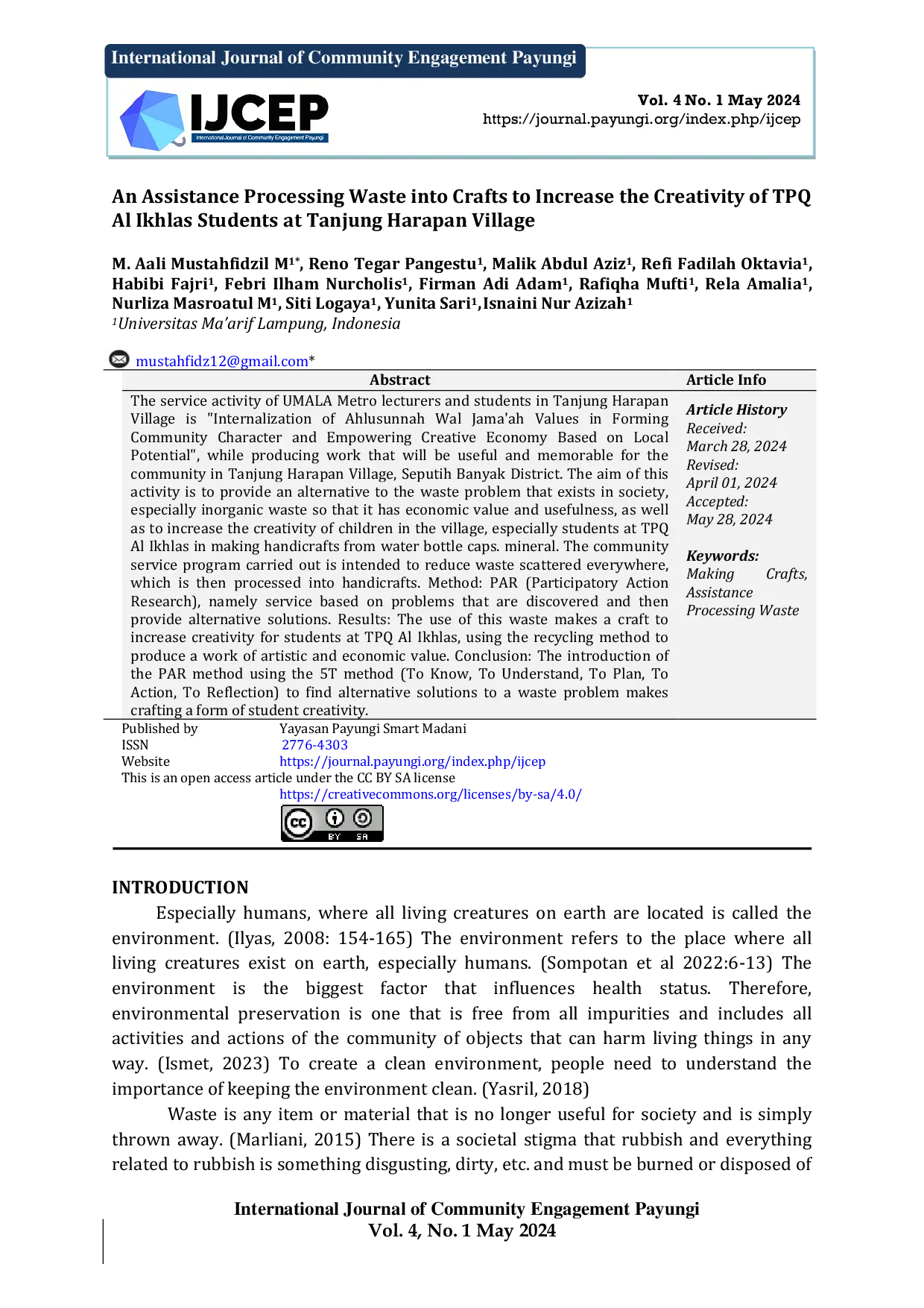 JURIS An Assistance Processing Waste into Crafts to Increase the Creativity of TPQ Al Ikhlas Students at Tanjung Harapan Village
