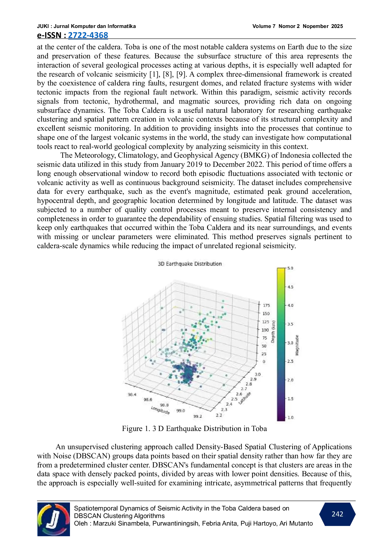 JURIS Spatiotemporal Dynamics of Seismic Activity in the Toba Caldera based on DBSCAN Clustering Algorithms