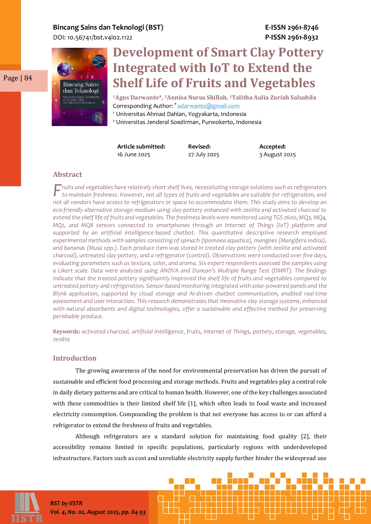 JURIS Development of Smart Clay Pottery Integrated with IoT to Extend the Shelf Life of Fruits and Vegetables