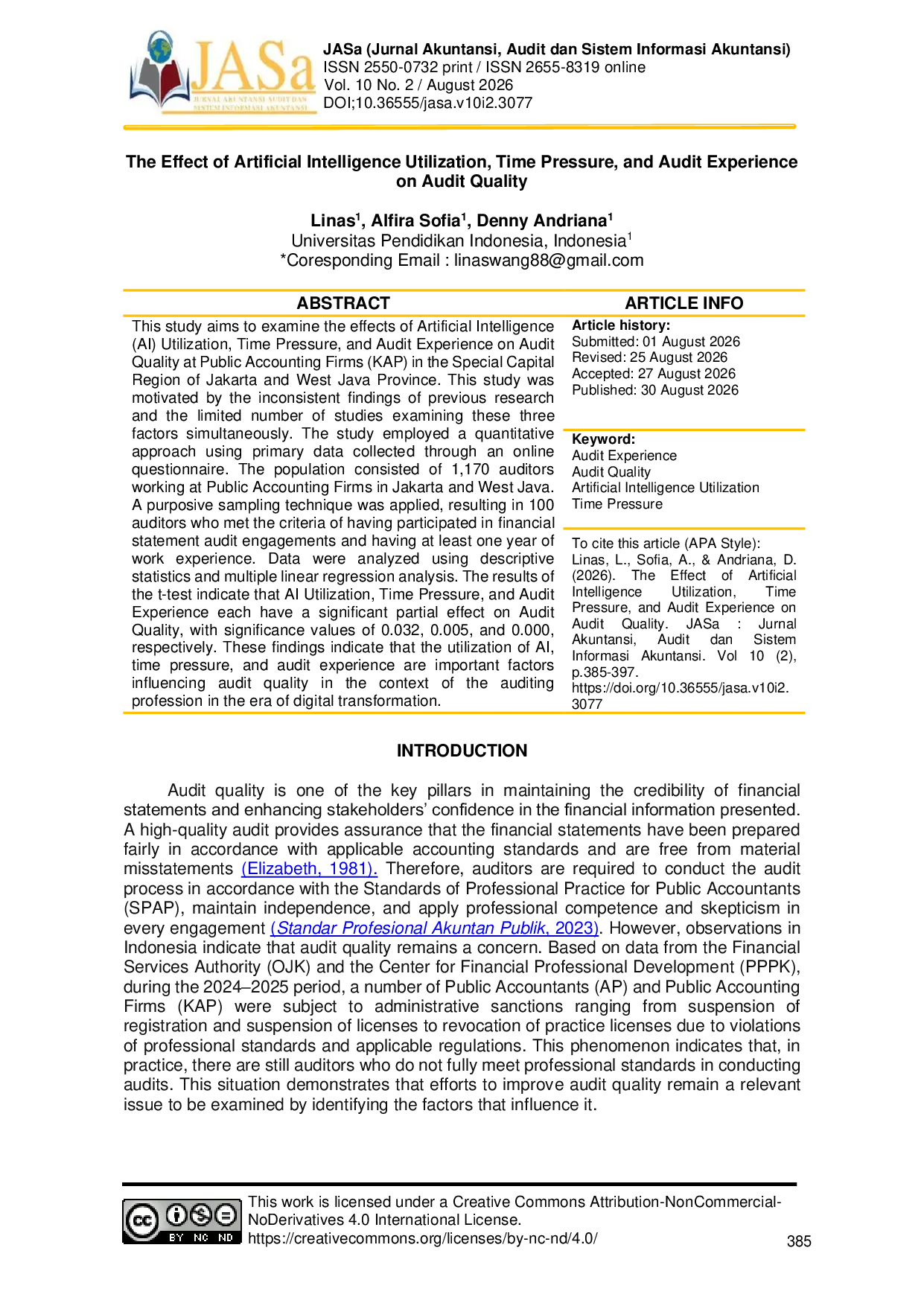 JURIS The Effect of Artificial Intelligence Utilization Time Pressure and Audit Experience on Audit Quality
