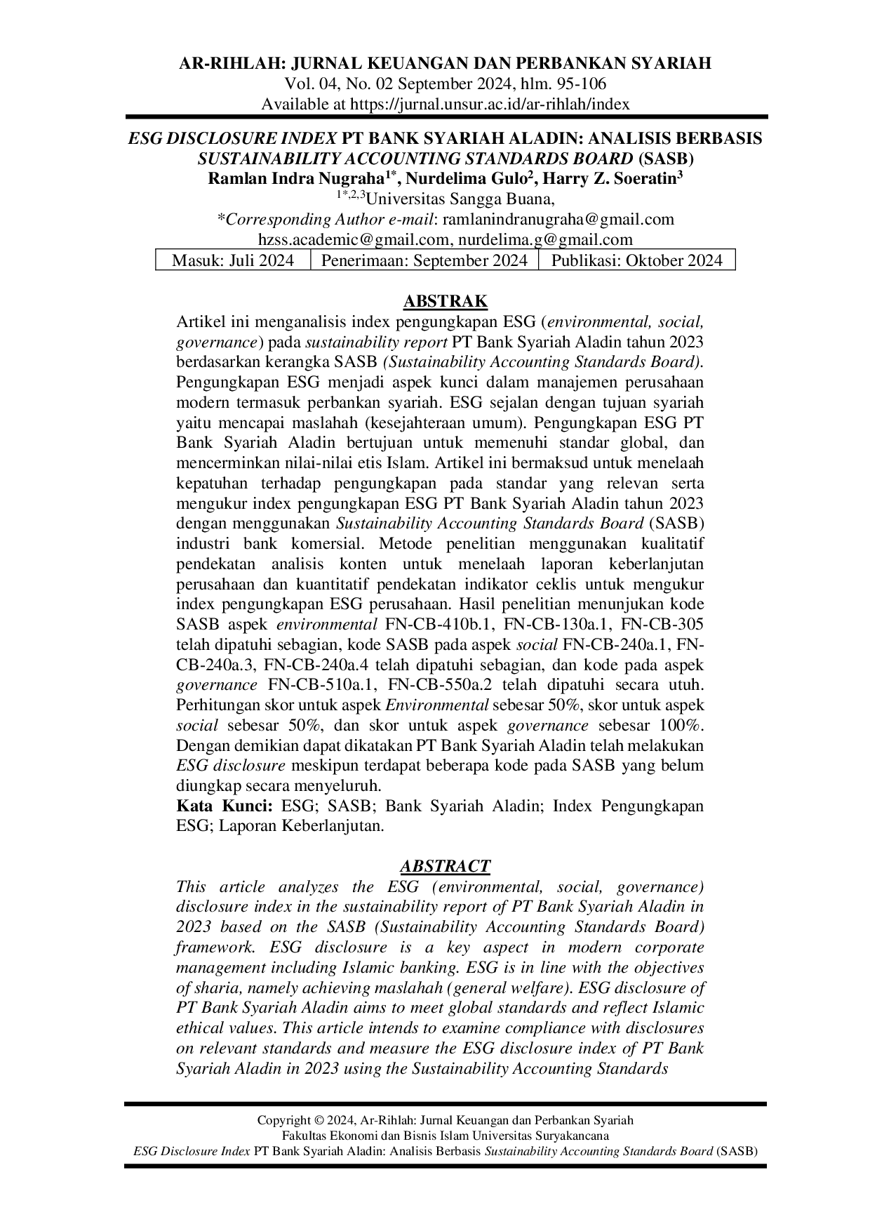 JURIS ESG Disclosure Index PT Bank Syariah Aladin Analisis Berbasis Sustainability Accounting Standards Board SASB