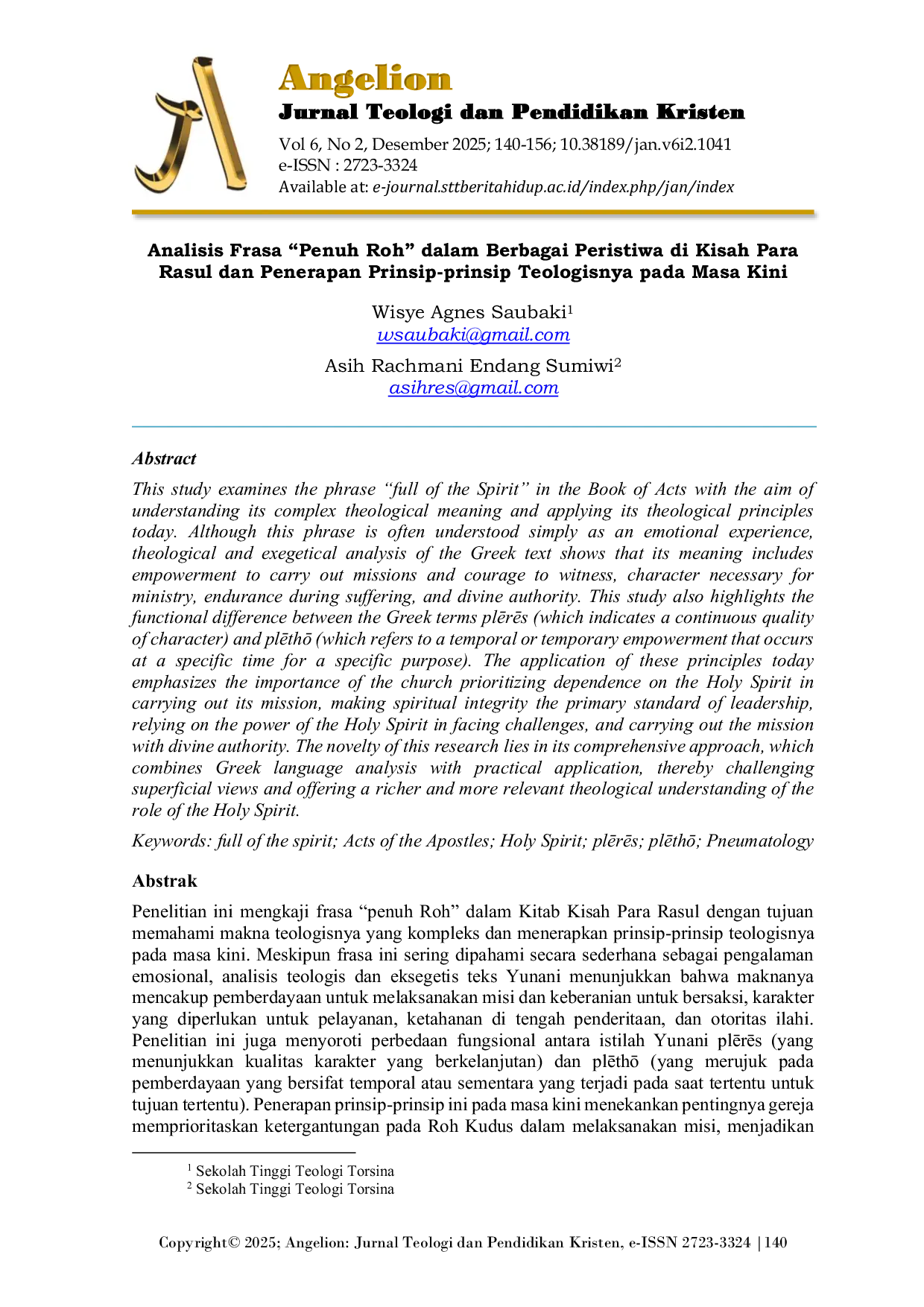 JURIS Analisis Frasa Penuh Roh dalam Berbagai Peristiwa di Kisah Para Rasul dan Penerapan Prinsip prinsip Teologisnya pada Masa Kini