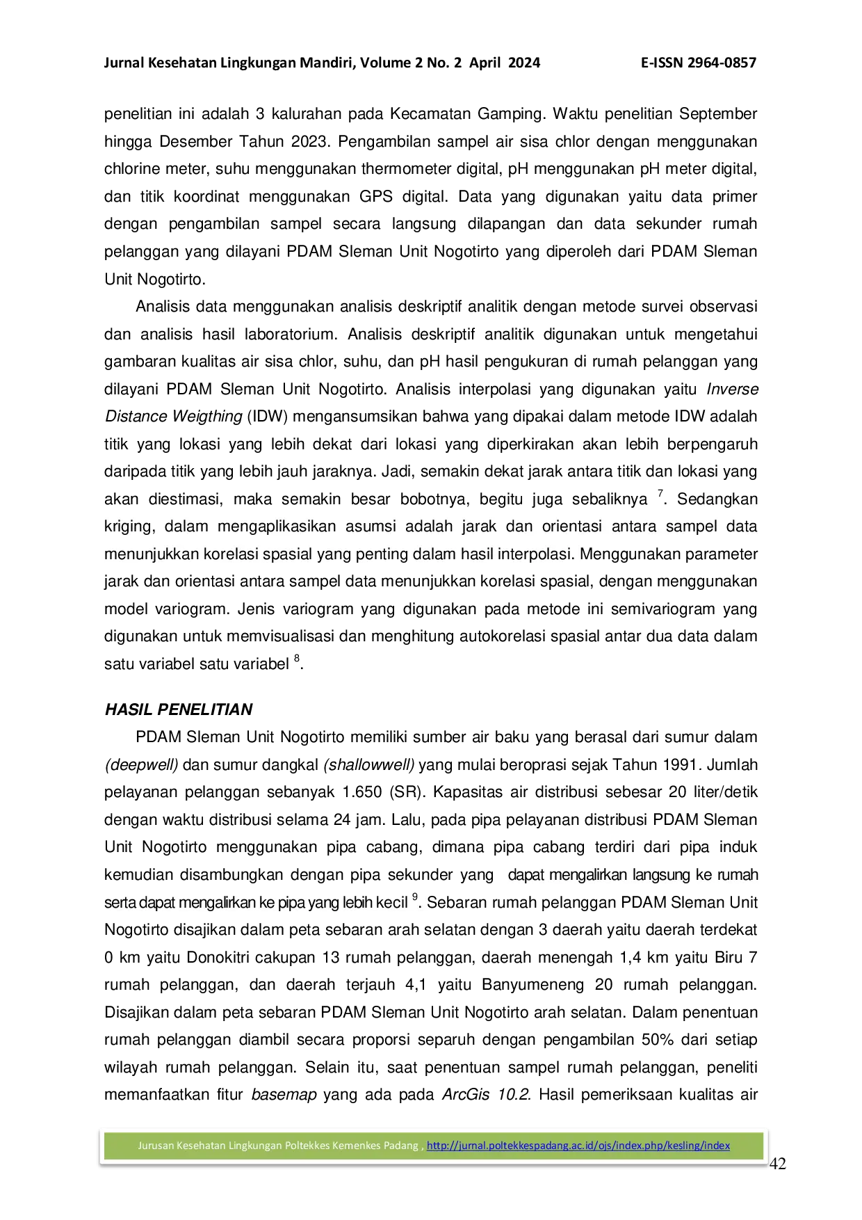 JURIS Pemetaan Kualitas Air pada Rumah Pelanggan yang Dilayani PDAM Sleman Unit Nogotirto Tahun 2023