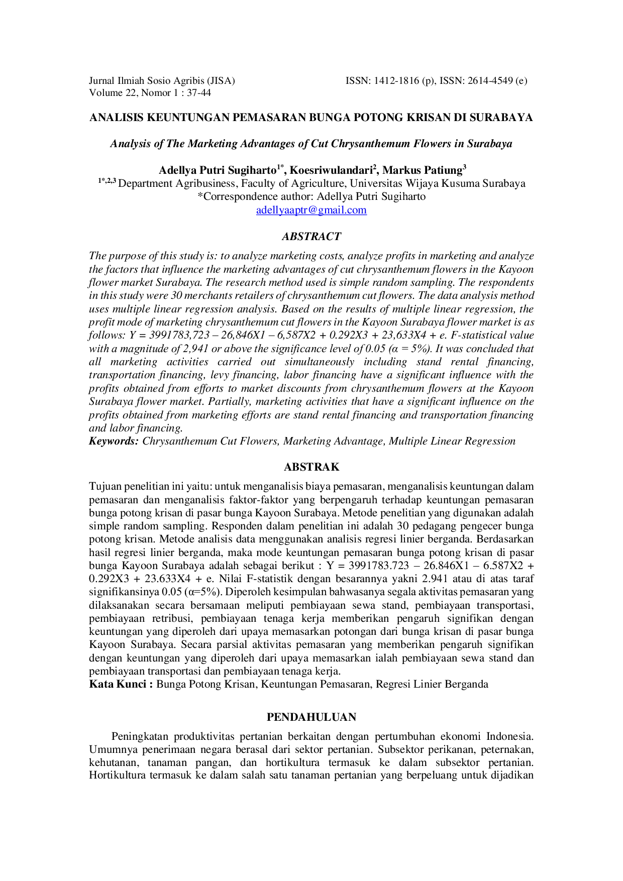 JURIS Analisis Keuntungan Pemasaran Bunga Potong Krisan di Surabaya
