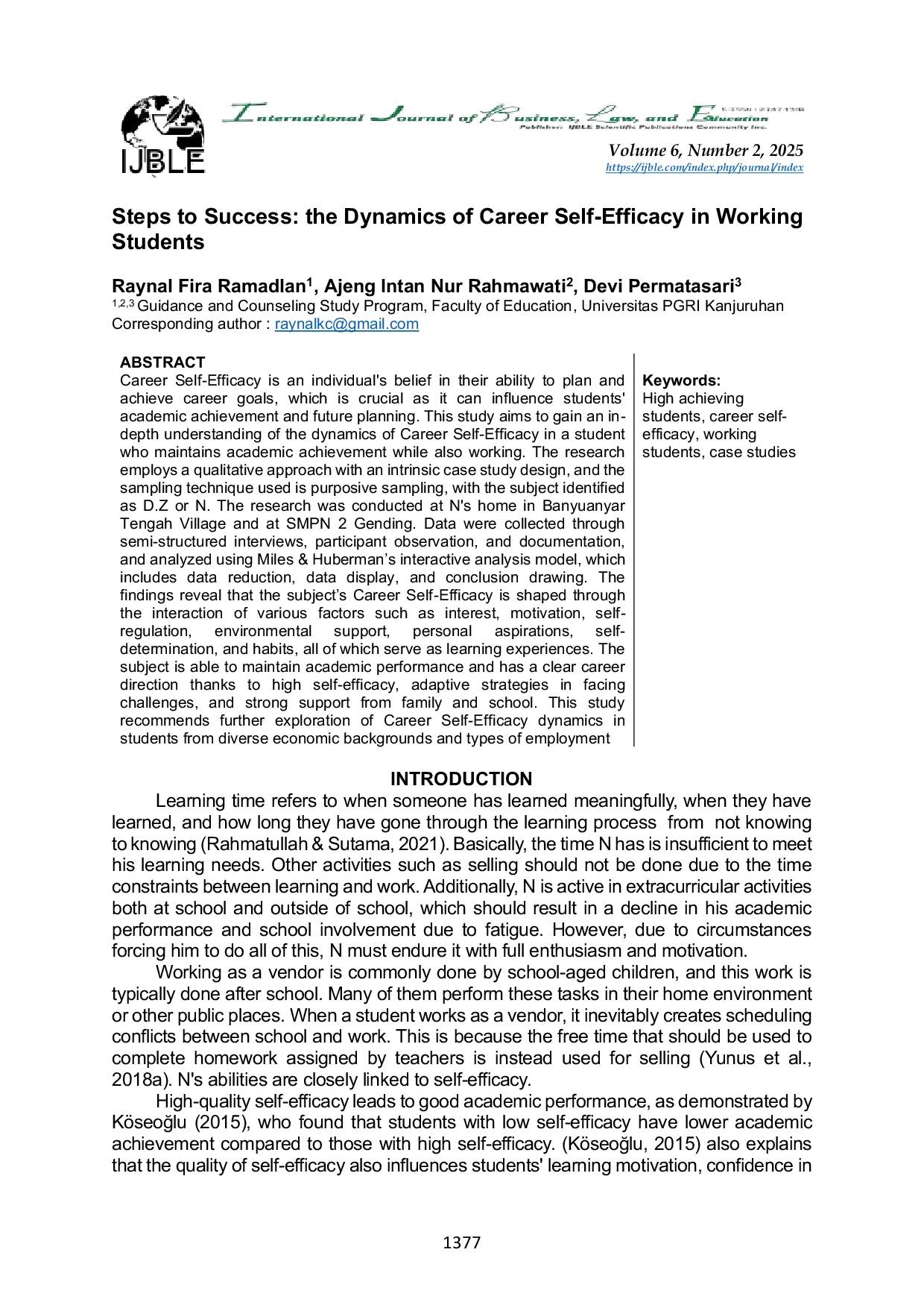JURIS Steps to Success the Dynamics of Career Self Efficacy in Working Students