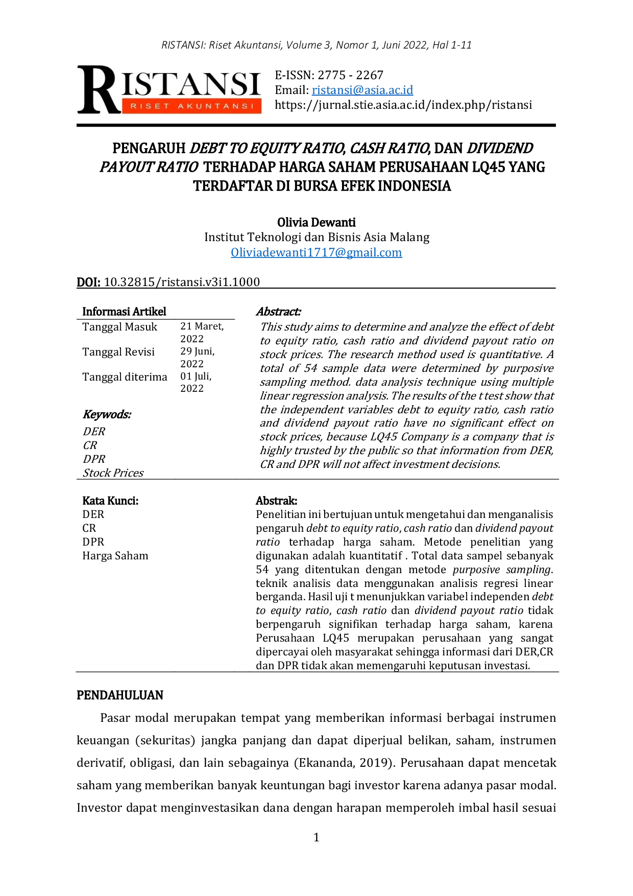 JURIS Pengaruh Debt to Equity Ratio Cash Ratio dan Dividend Payout Ratio Terhadap Harga Saham Perusahaan LQ45 Yang Terdaftar di Bursa Efek Indonesia