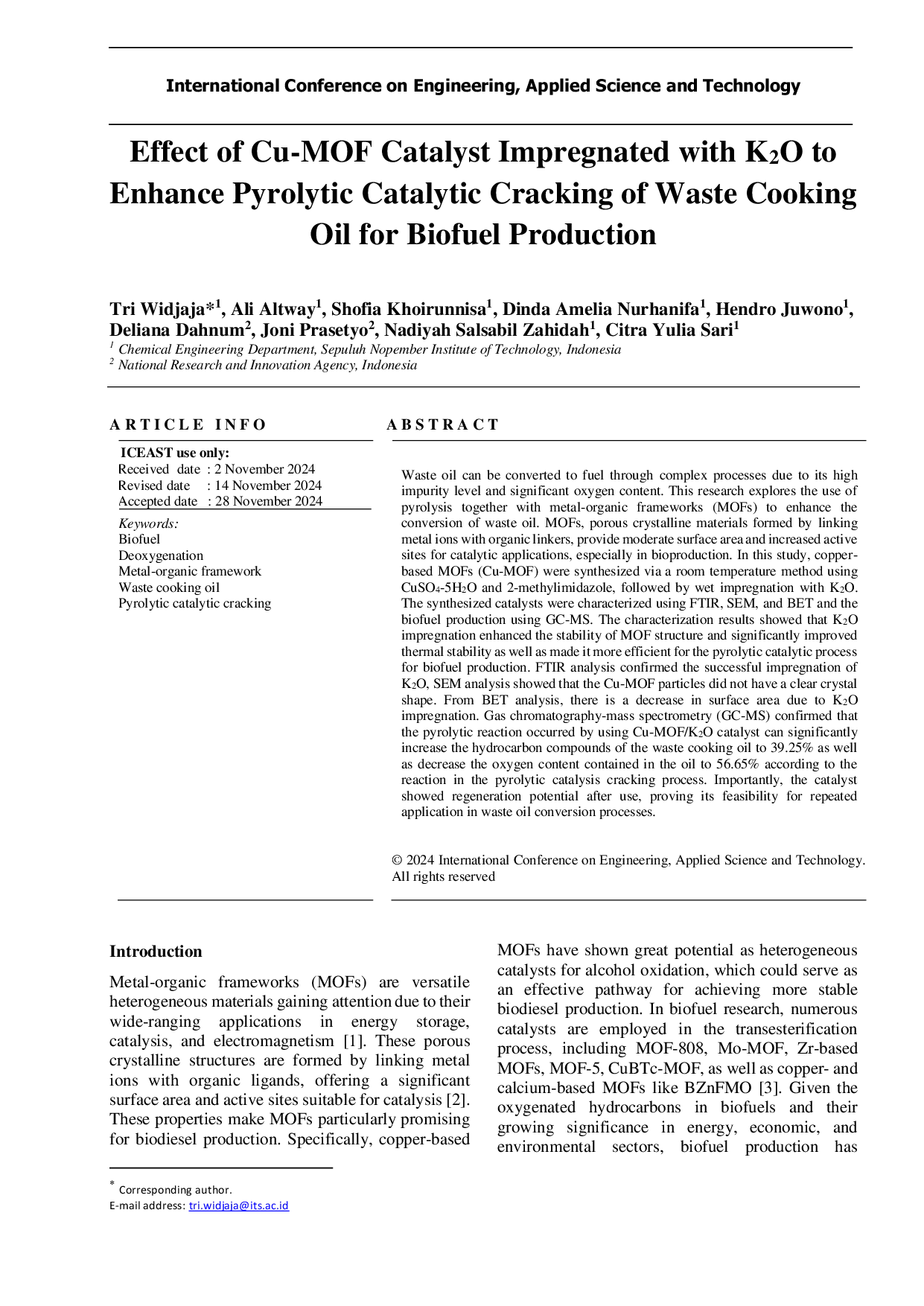JURIS Effect of Cu MOF Catalyst Impregnated with K2O to Enhance Pyrolytic Catalytic Cracking of Waste Cooking Oil for Biofuel Production