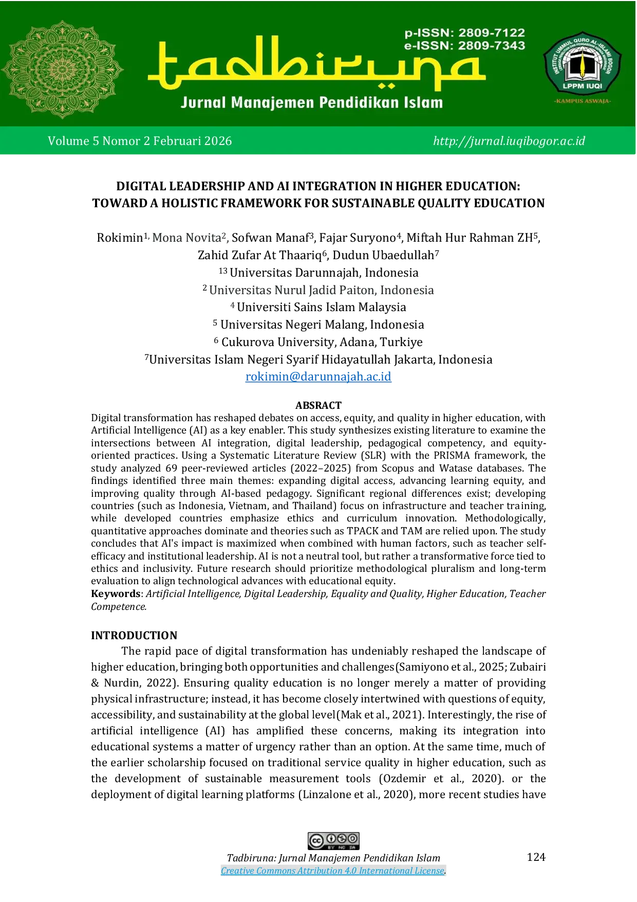 JURIS Digital Leadership and AI Integration in Higher Education Toward a Holistic Framework for Sustainable Quality Education
