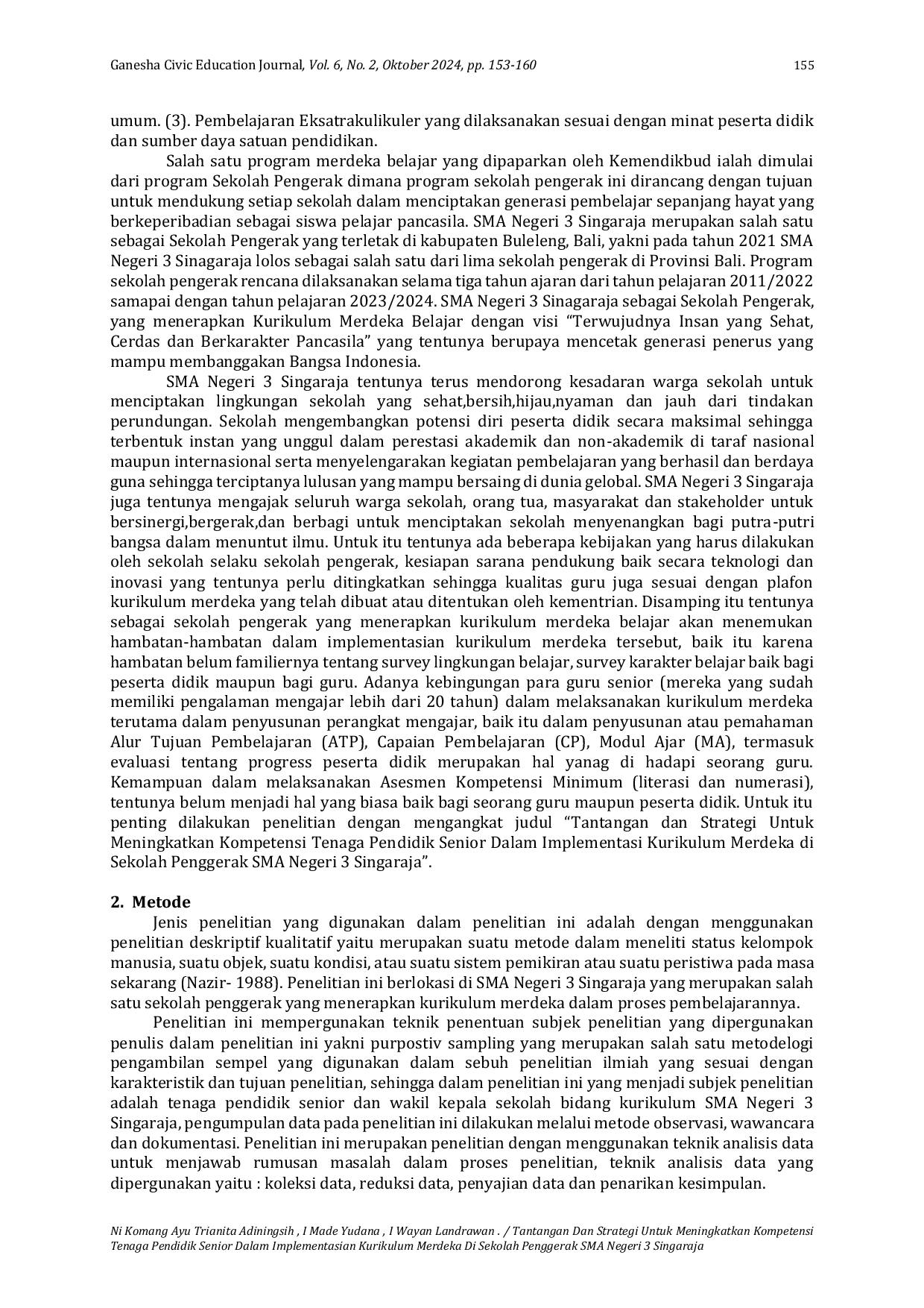 JURIS Tantangan Dan Strategi Untuk Meningkatkan Kompetensi Tenaga Pendidik Senior Dalam Implementasian Kurikulum Merdeka Di Sekolah Penggerak SMA Negeri 3 Singaraja