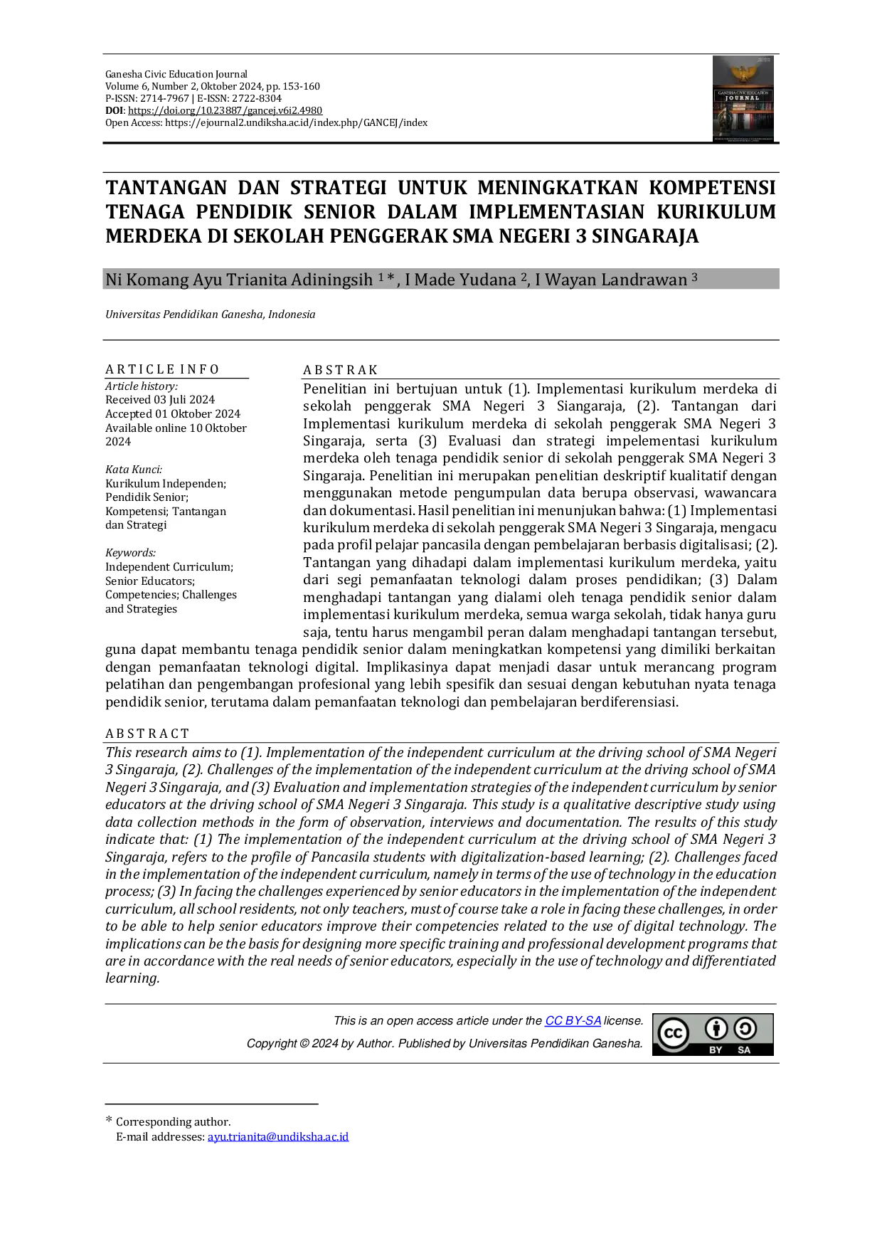 JURIS Tantangan Dan Strategi Untuk Meningkatkan Kompetensi Tenaga Pendidik Senior Dalam Implementasian Kurikulum Merdeka Di Sekolah Penggerak SMA Negeri 3 Singaraja