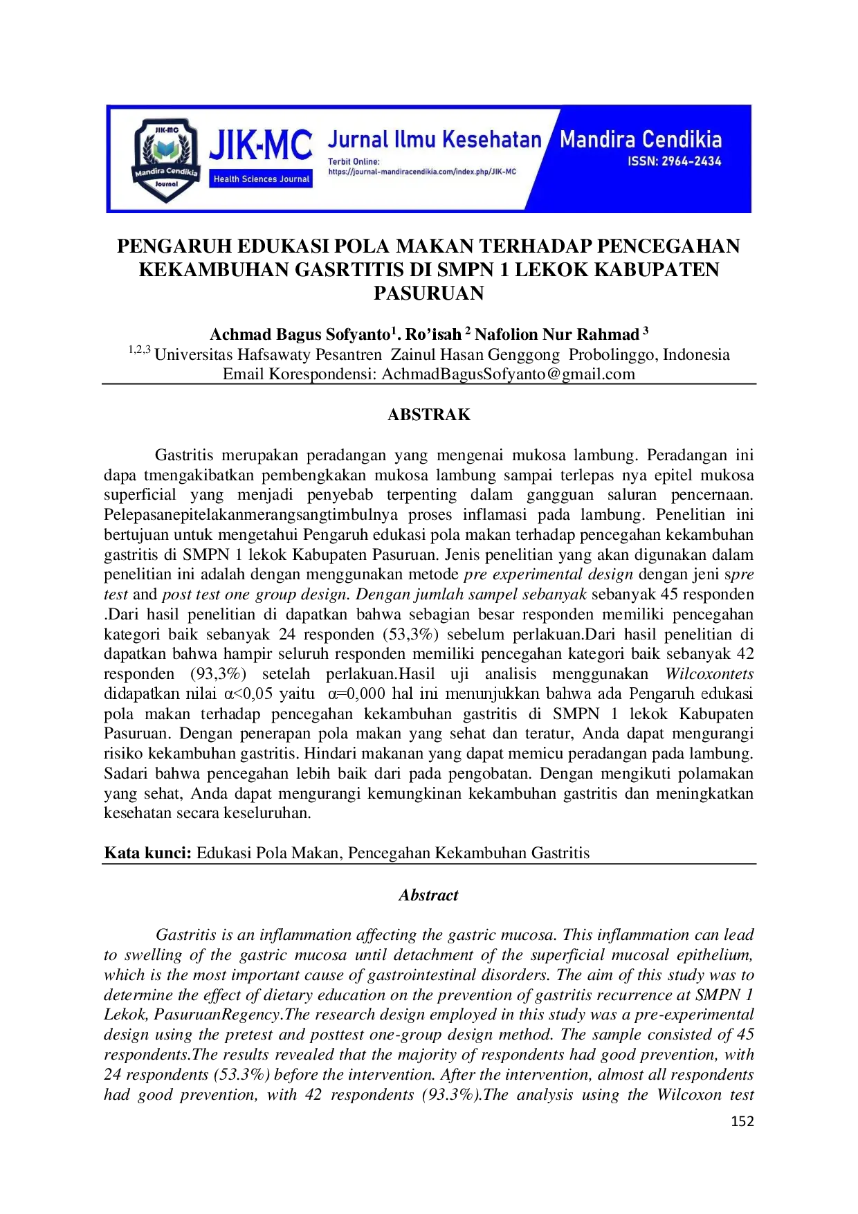juris Pengaruh Edukasi Pola Makan Terhadap Pencegahan Kekambuhan Gasrtitis Di SMPN 1 Lekok Kabupaten Pasuruan