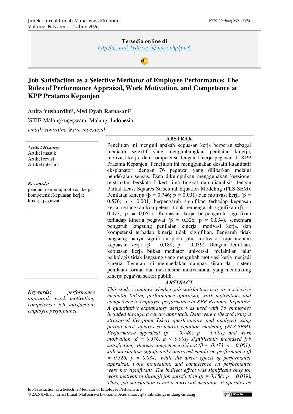 JURIS Job Satisfaction as a Strategic Path for Employee Performance The Role of Performance Motivation and Competency Assessment at KPP Pratama Kepanjen