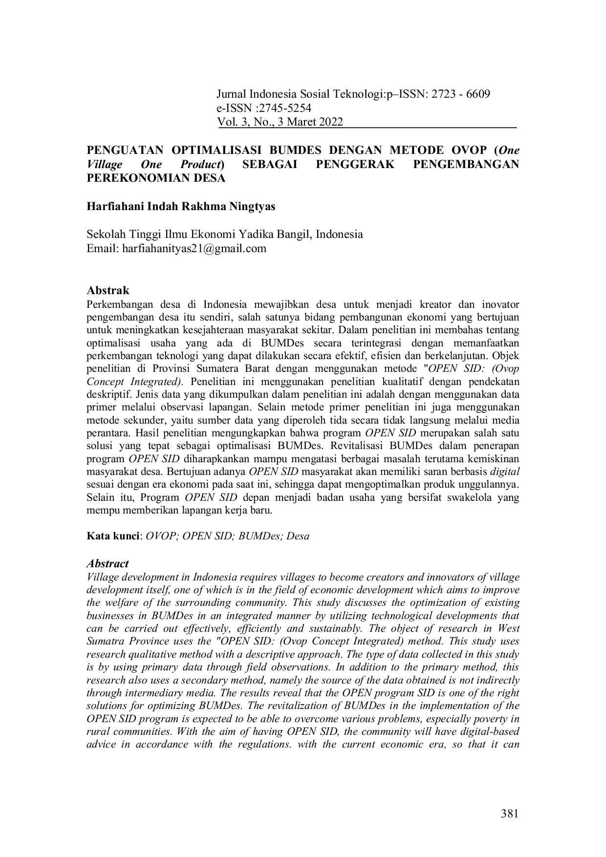 JURIS Penguatan Optimalisasi BUMDes dengan Metode OVOP One Village One Product Sebagai Penggerak Pengembangan Perekonomian Desa