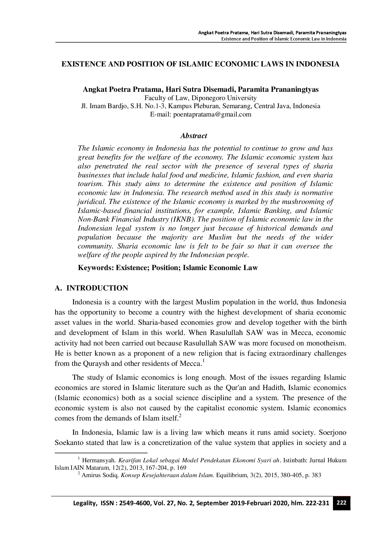 juris Existence and Position of Islamic Economic Laws in Indonesia