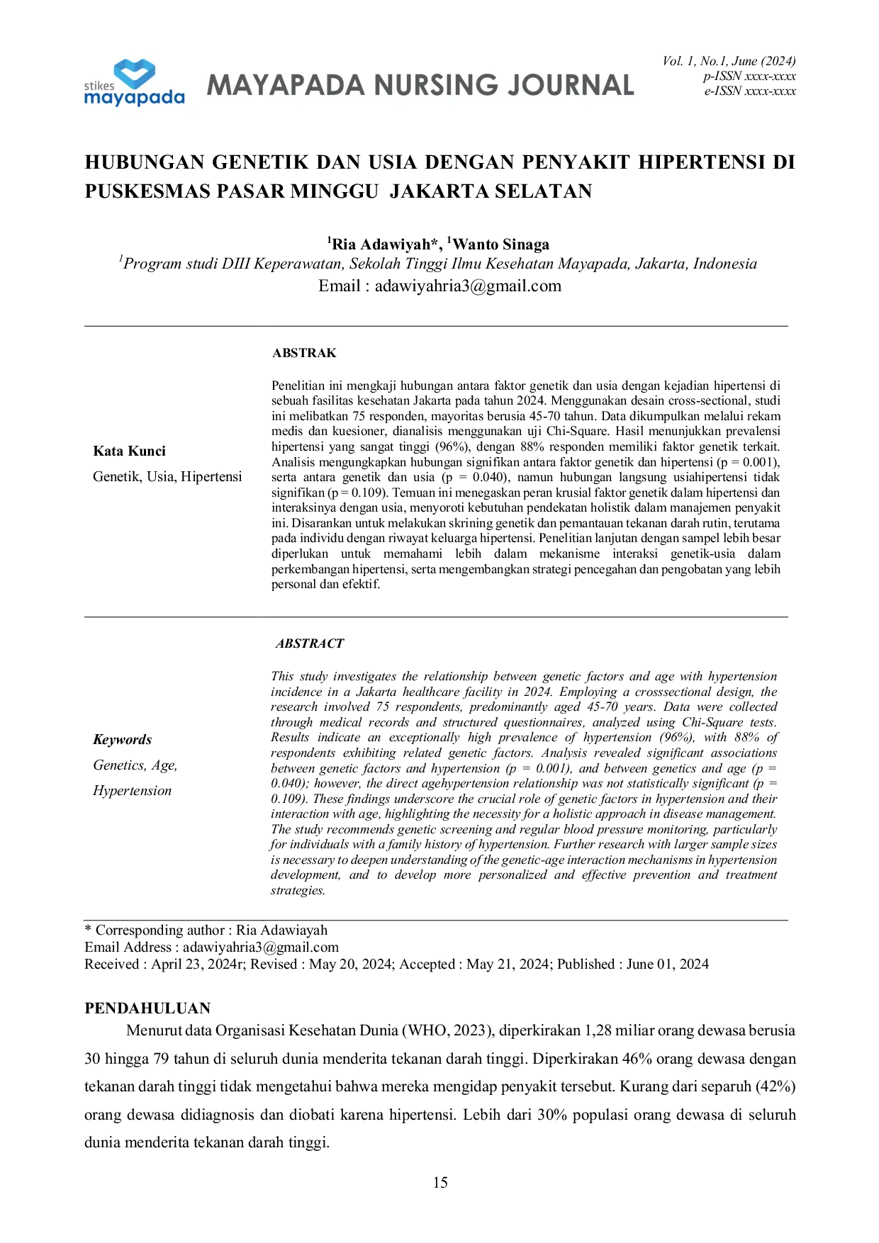 JURIS Hubungan Genetik dan Usia dengan Penyakit Hipertensi di Puskesmas Pasar Minggu Jakarta Selatan