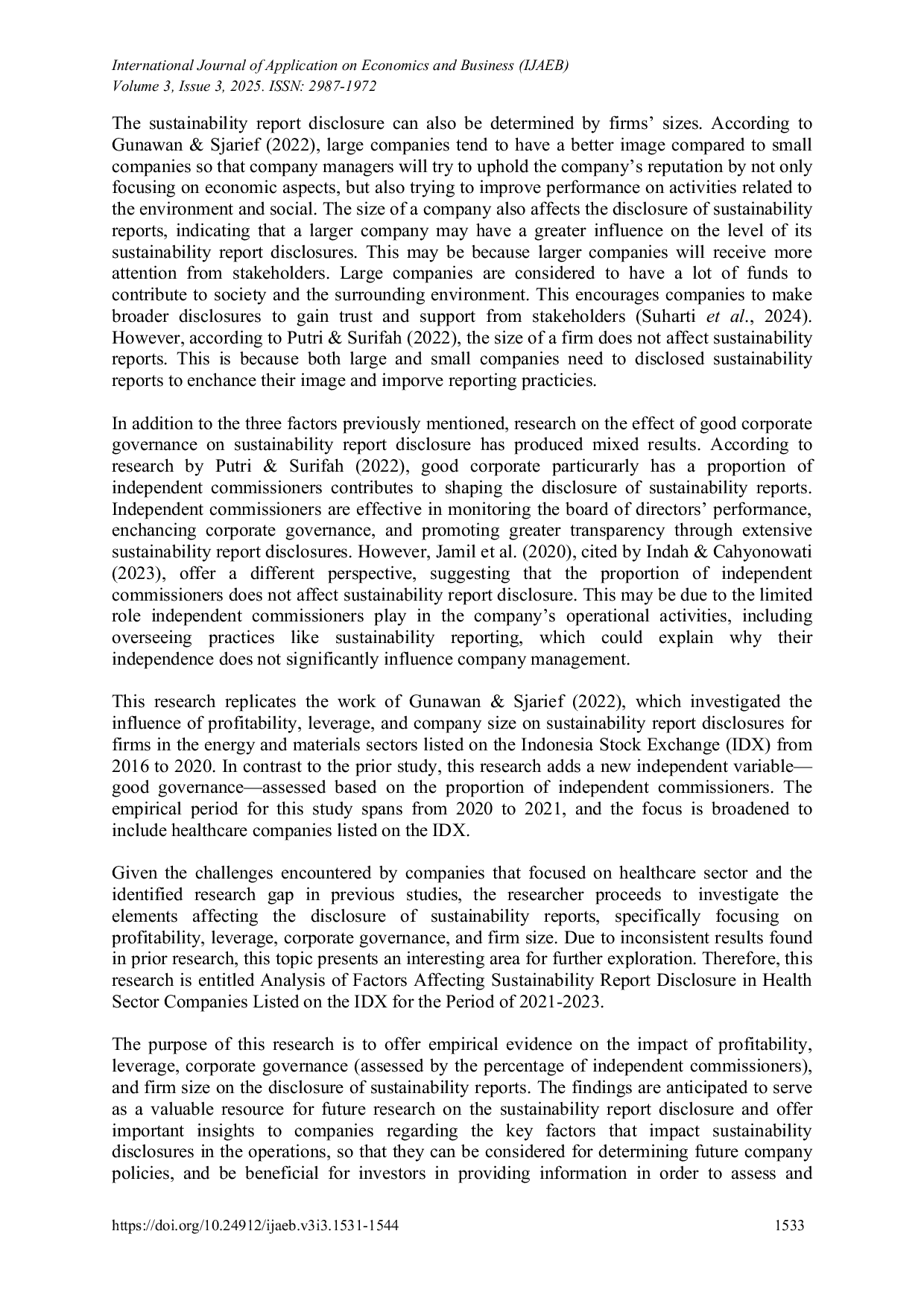 JURIS The Analysis of Factors Affecting Sustainability Report Disclosure Among IDX Listed Health Companies for the Period of 2021 2023