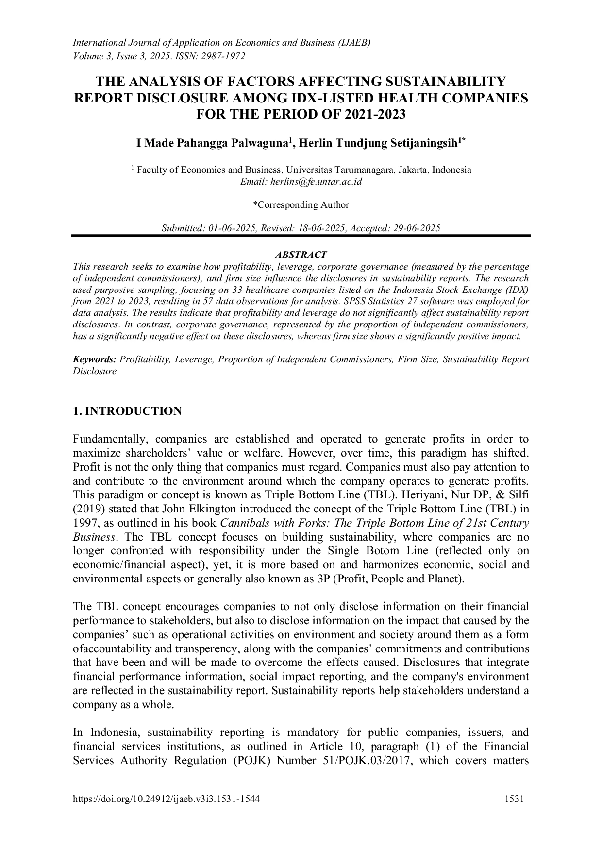 JURIS The Analysis of Factors Affecting Sustainability Report Disclosure Among IDX Listed Health Companies for the Period of 2021 2023