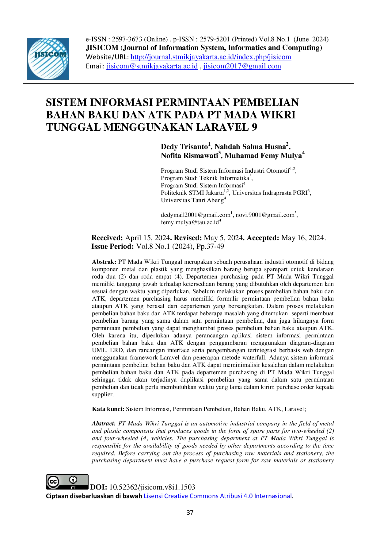 JURIS Sistem Informasi Permintaan Pembelian Bahan Baku dan ATK pada PT Mada Wikri Tunggal Menggunakan Laravel 9