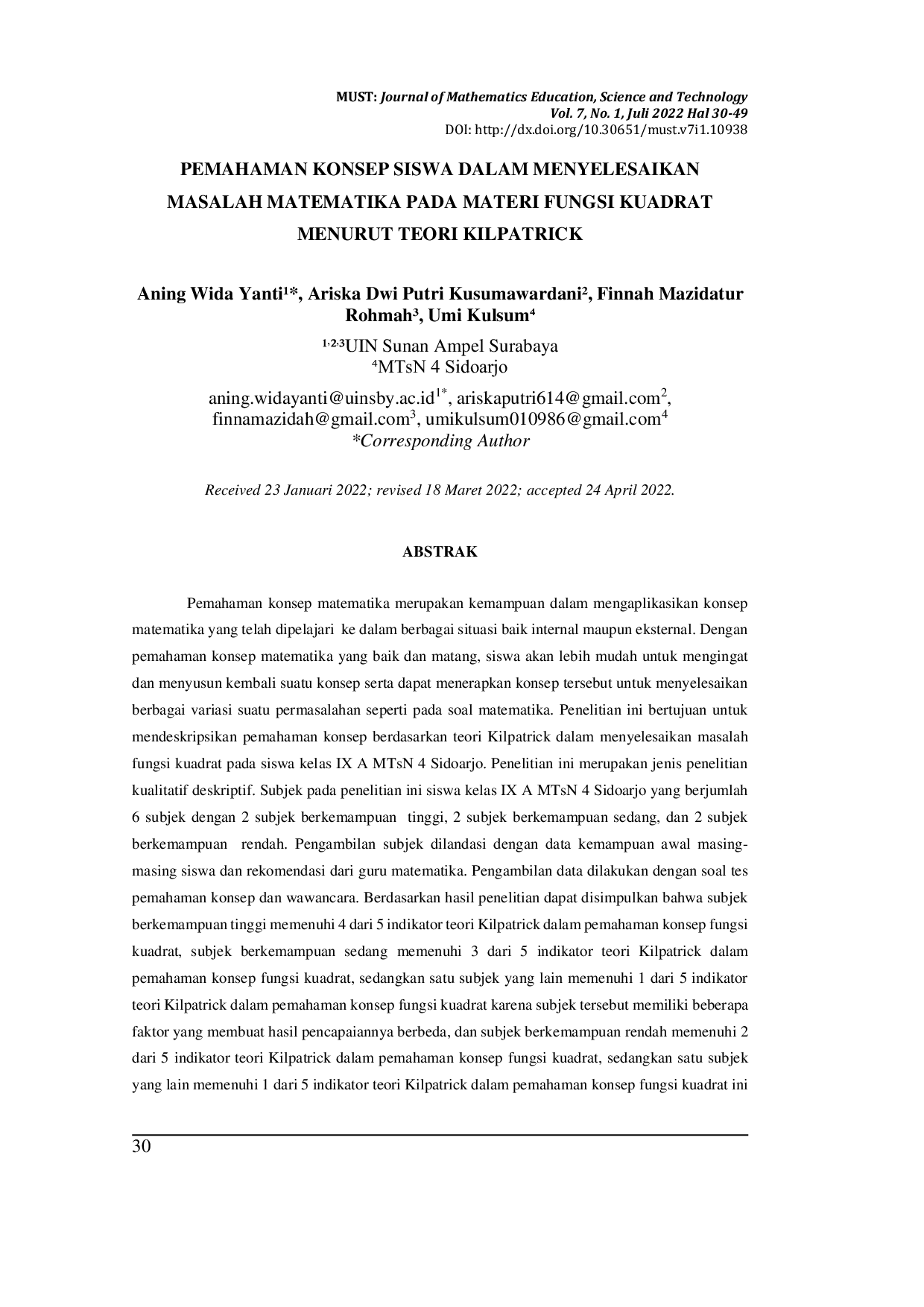 JURIS Pemahaman Konsep Siswa Dalam Menyelesaikan Masalah Matematika Pada Materi Fungsi Kuadrat Menurut Teori Kilpatrick