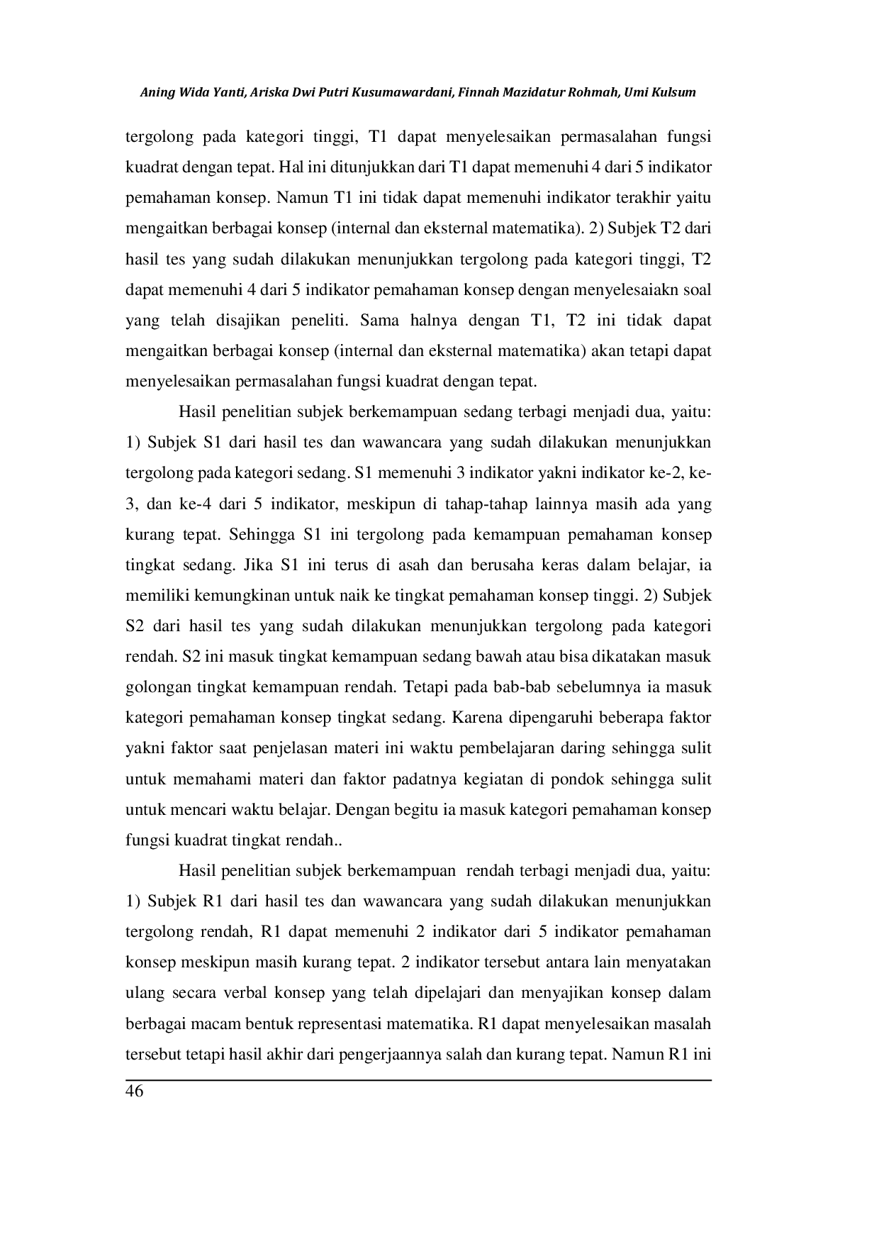 JURIS Pemahaman Konsep Siswa Dalam Menyelesaikan Masalah Matematika Pada Materi Fungsi Kuadrat Menurut Teori Kilpatrick