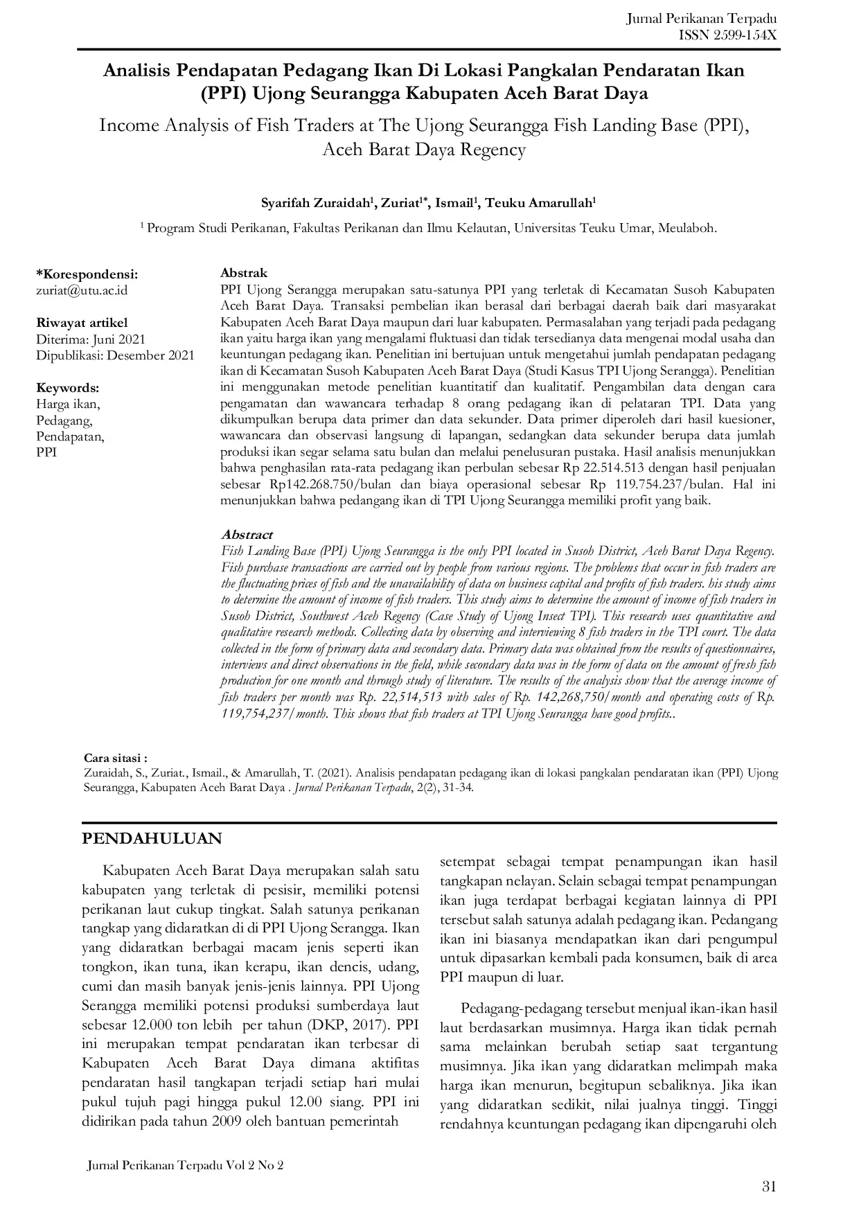 JURIS Analisis Pendapatan Pedagang Ikan Di Lokasi Pangkalan Pendaratan Ikan PPI Ujong Seurangga Kabupaten Aceh Barat Daya