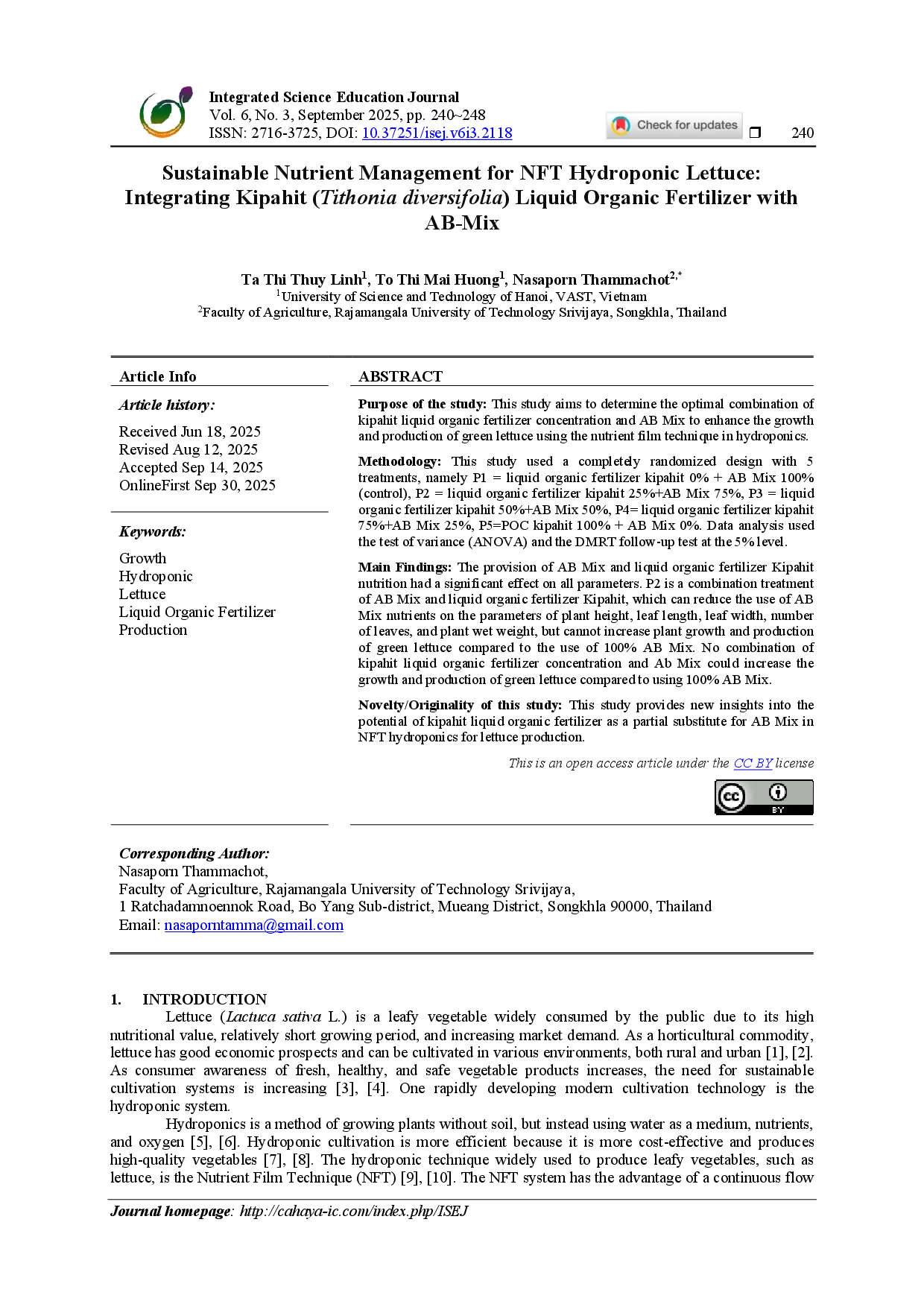 juris Sustainable Nutrient Management for NFT Hydroponic Lettuce Integrating Kipahit Tithonia diversifolia Liquid Organic Fertilizer with AB Mix