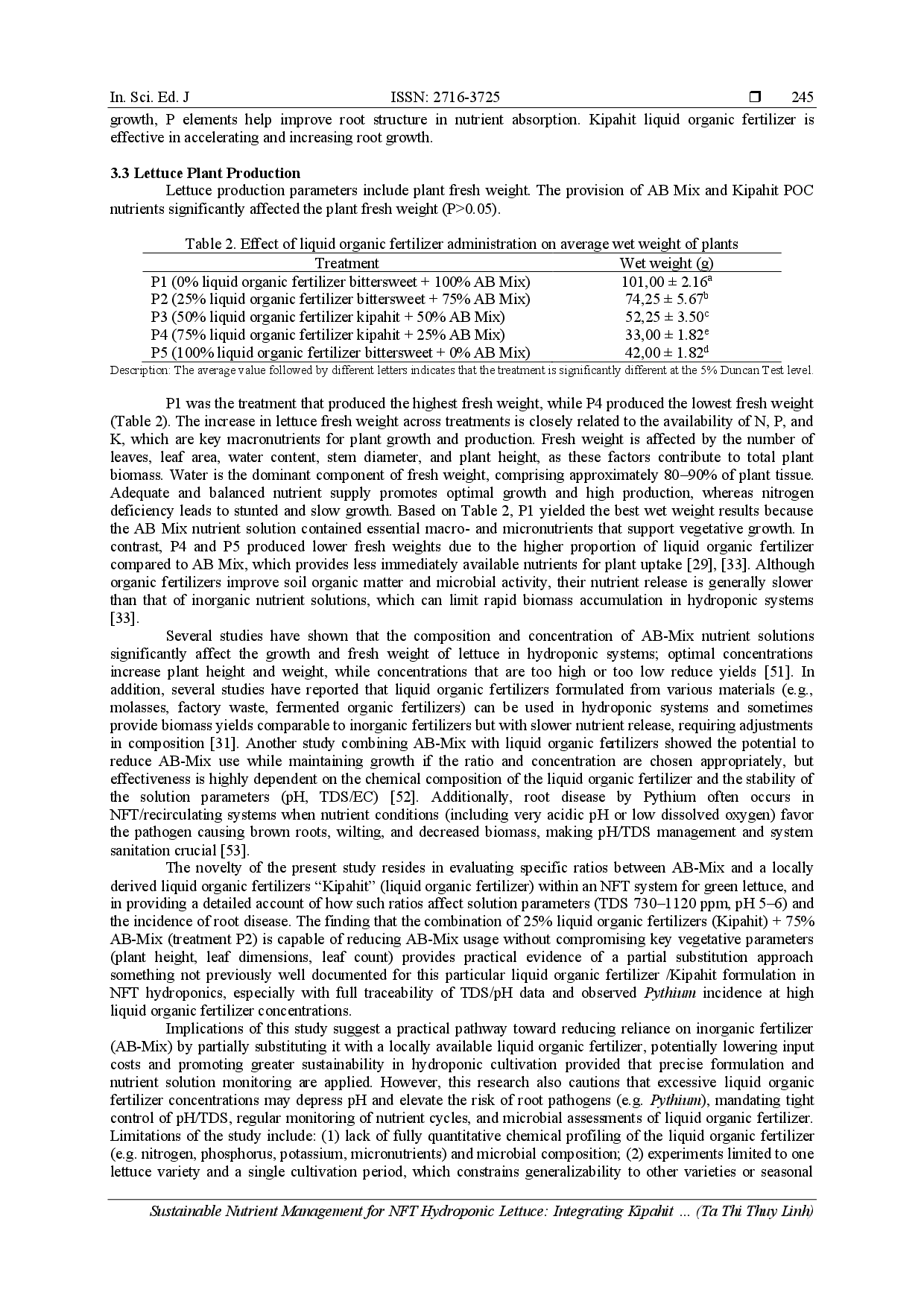 juris Sustainable Nutrient Management for NFT Hydroponic Lettuce Integrating Kipahit Tithonia diversifolia Liquid Organic Fertilizer with AB Mix