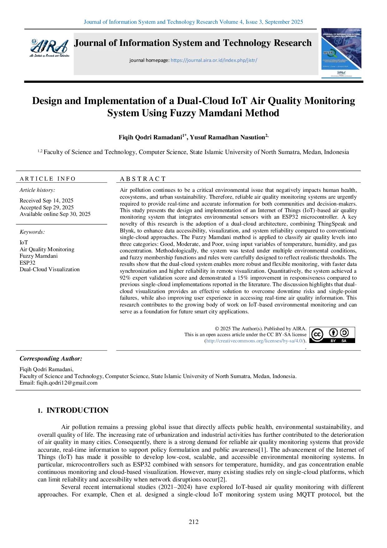 JURIS Design and Implementation of a Dual Cloud IoT Air Quality Monitoring System Using Fuzzy Mamdani Method