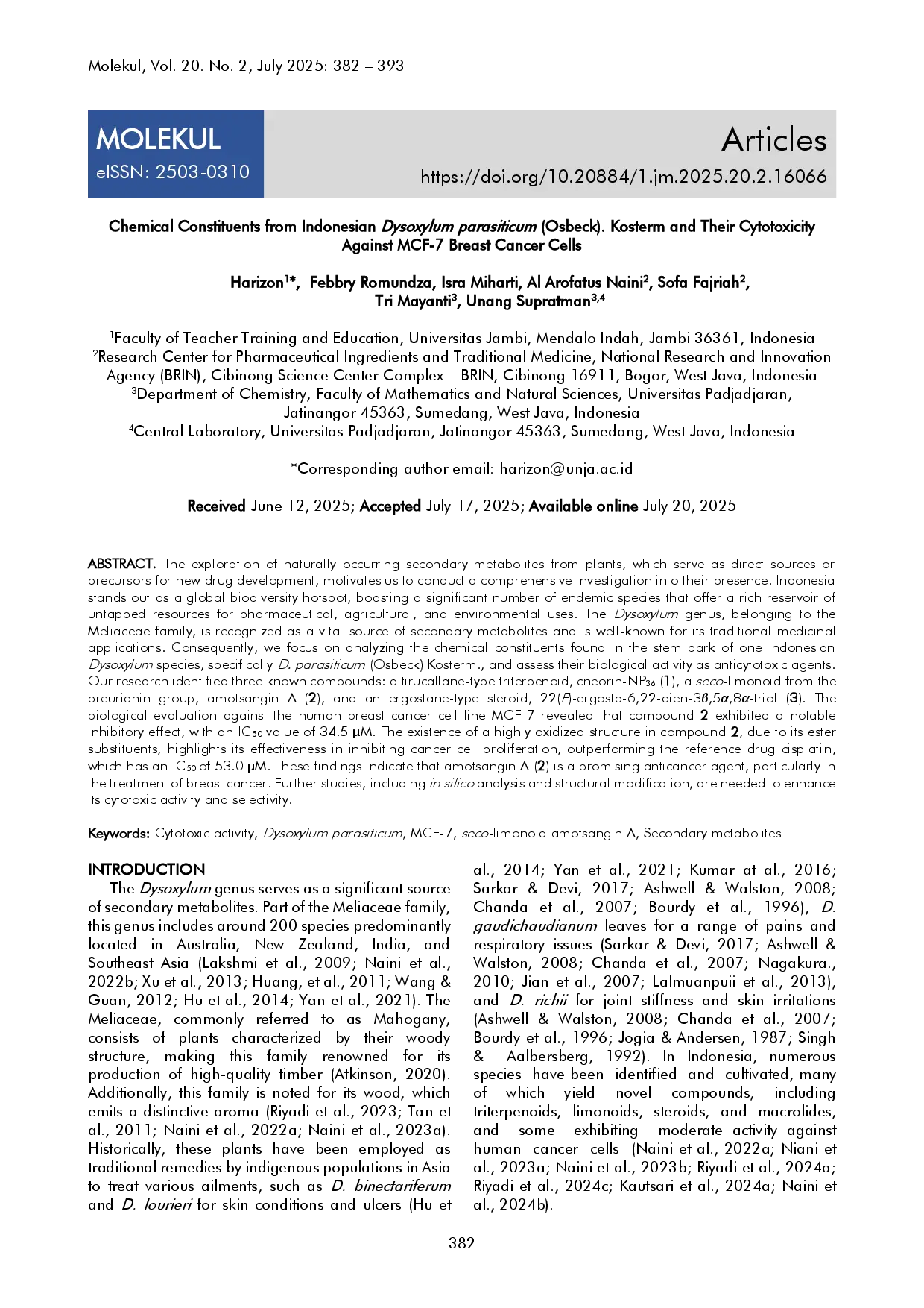 juris Chemical Constituents from Indonesian Dysoxylum parasiticum Osbeck Kosterm and Their Cytotoxicity Against MCF 7 Breast Cancer Cells