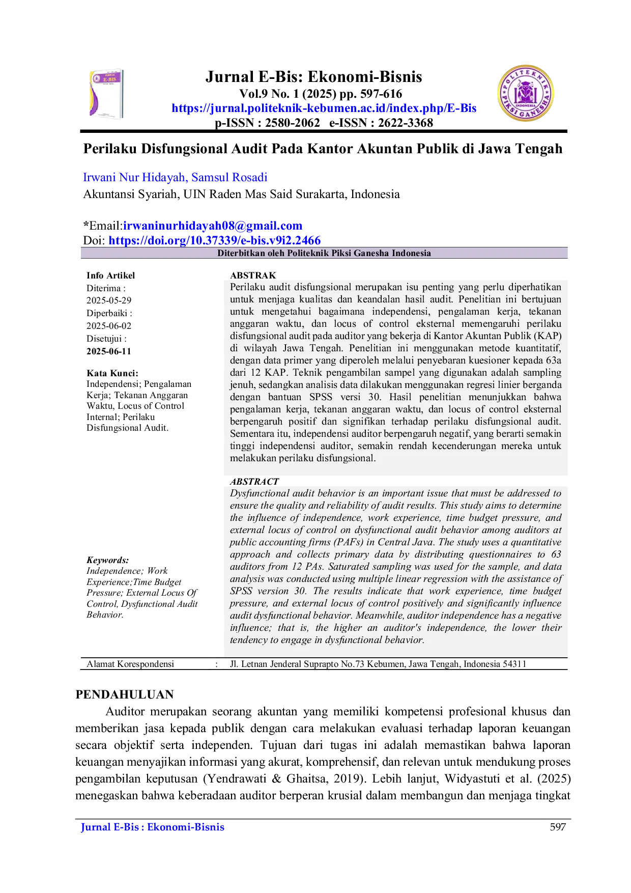 JURIS Perilaku Disfungsional Audit Pada Kantor Akuntan Publik di Jawa Tengah