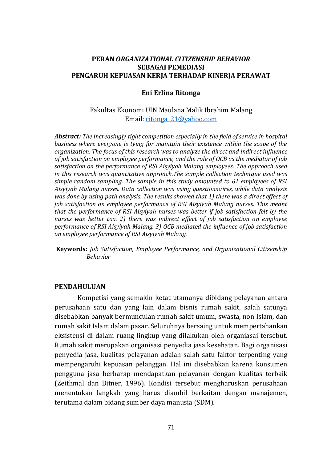 JURIS Peran Organizational Citizenship Behavior Sebagai Pemediator Pengaruh Kepuasan Kerja Terhadap Kinerja Perawat