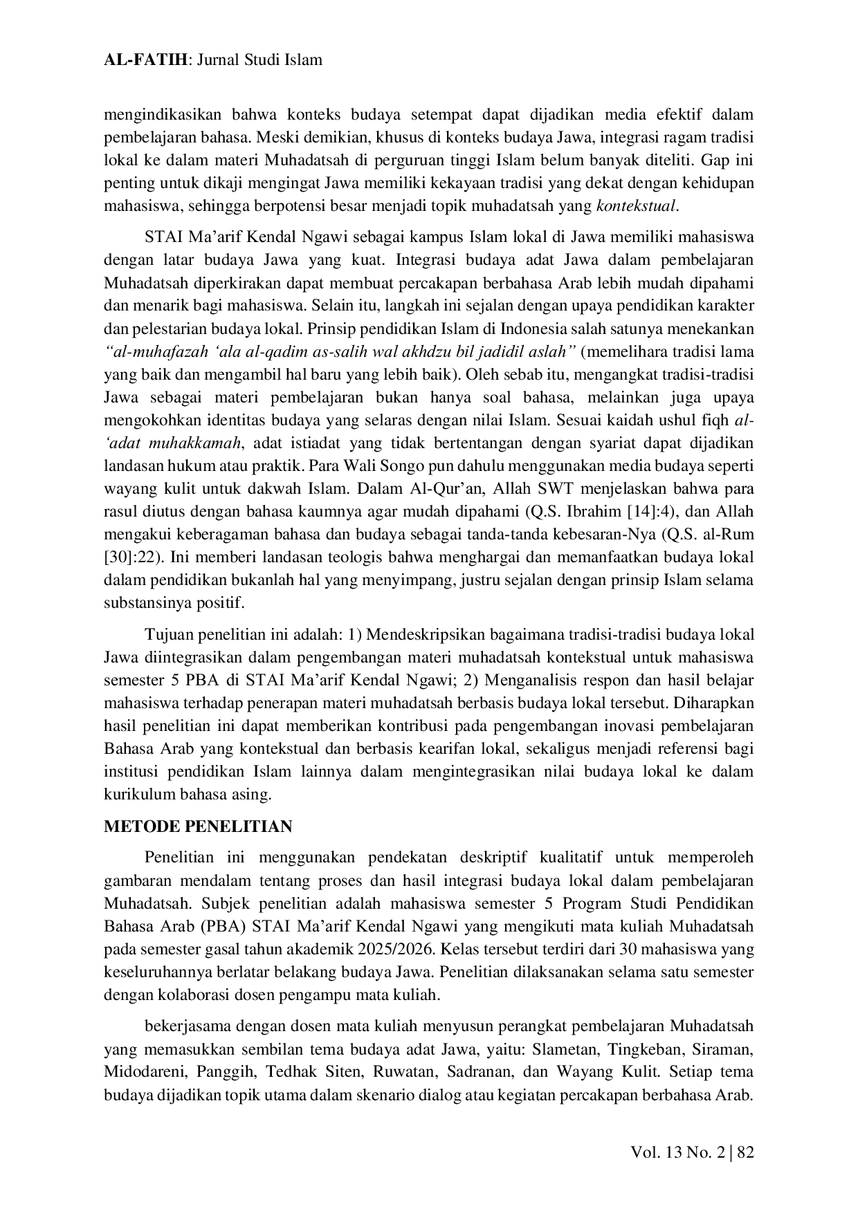 JURIS Integration of Indonesian Local Culture in the Development of Contextual Muhadatsah Materials