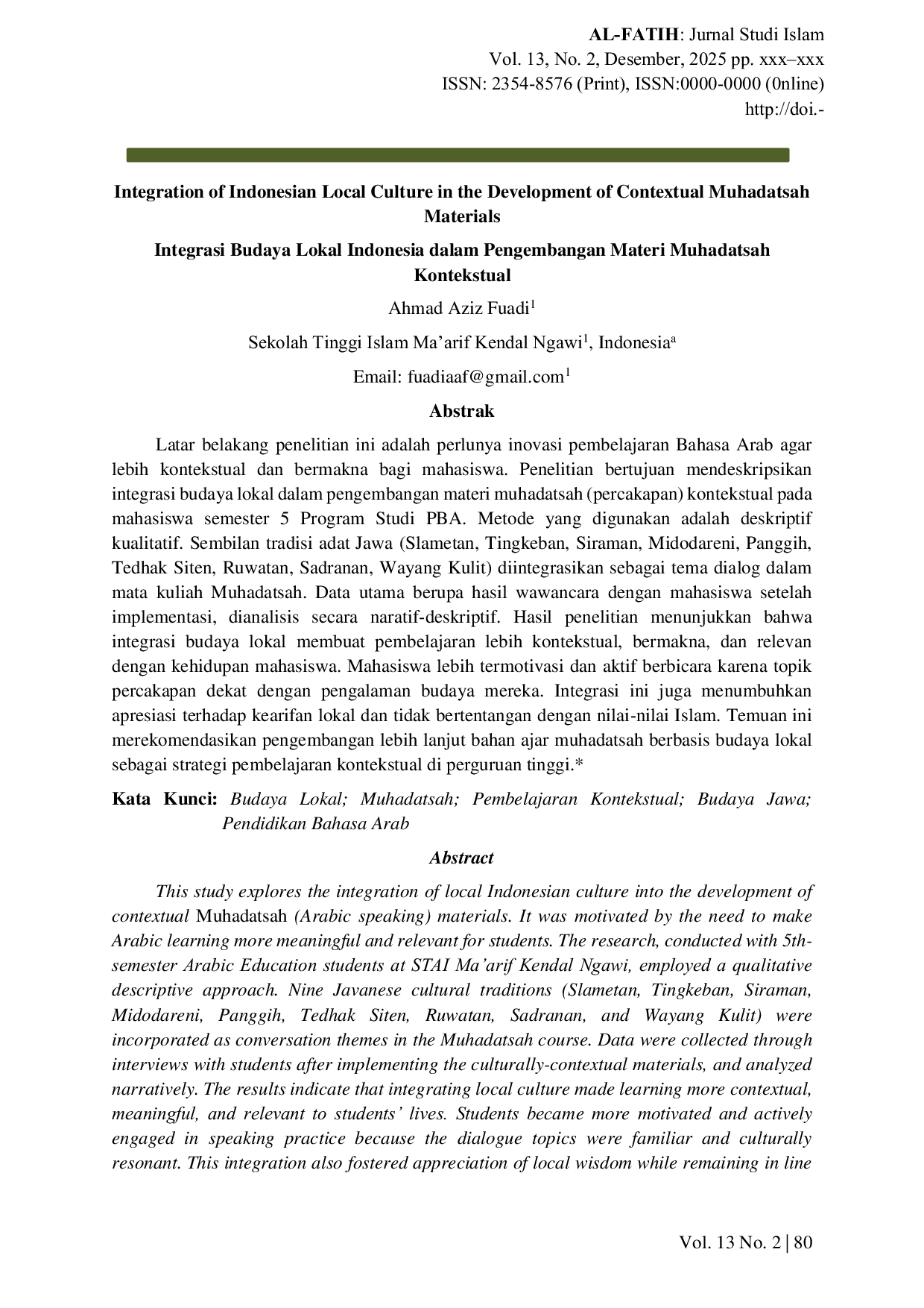 JURIS Integration of Indonesian Local Culture in the Development of Contextual Muhadatsah Materials