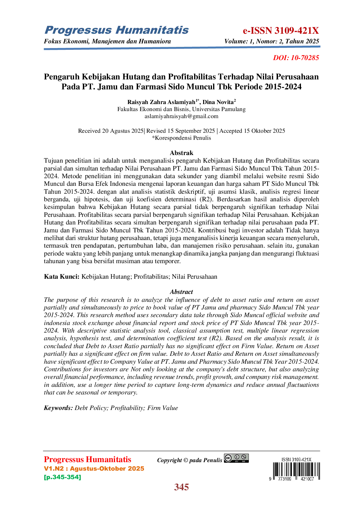 JURIS Pengaruh Kebijakan Hutang dan Profitabilitas Terhadap Nilai Perusahaan Pada PT Jamu dan Farmasi Sido Muncul Tbk Periode 2015 2024