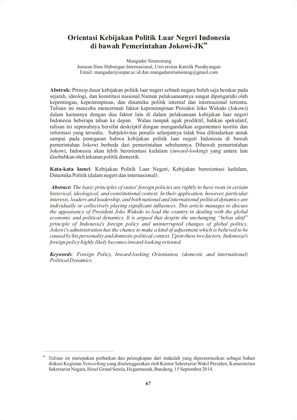 juris Orientasi Kebijakan Politik Luar Negeri Indonesia di bawah Pemerintahan Jokowi JK