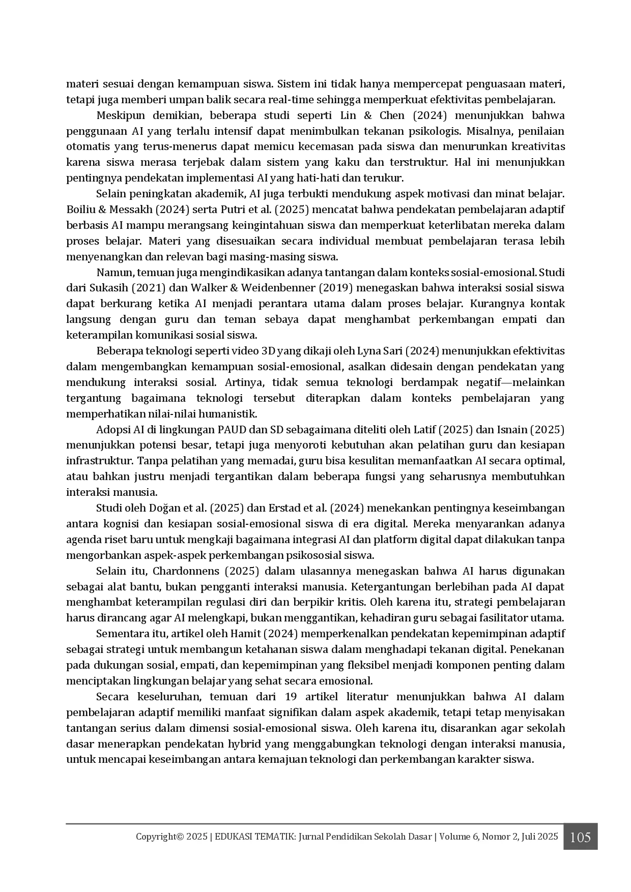 juris Literatur Review Kecerdasan Buatan dalam Pembelajaran Adaptif dan Dampaknya terhadap Sosial Emosional Siswa Sekolah Dasar